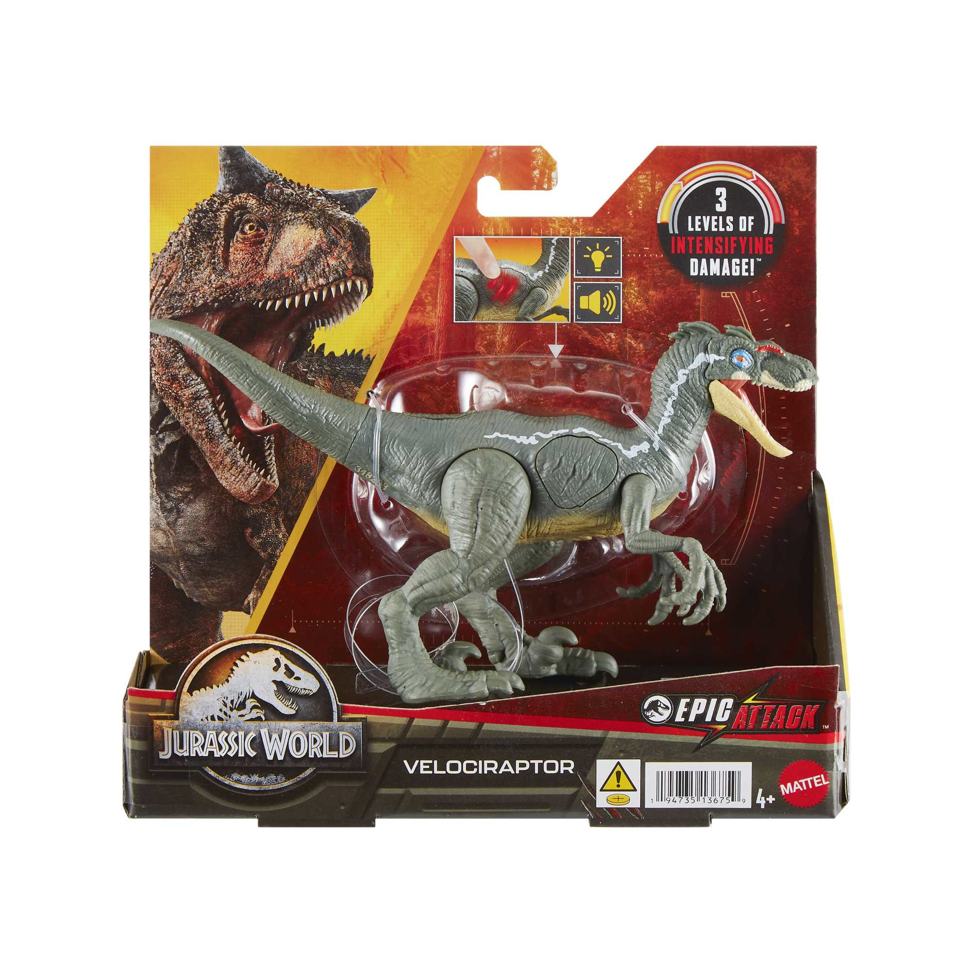 Un juguete Velociraptor en un paquete de Jurassic World. El juguete es gris y verde, con una ilustración de dinosaurio.