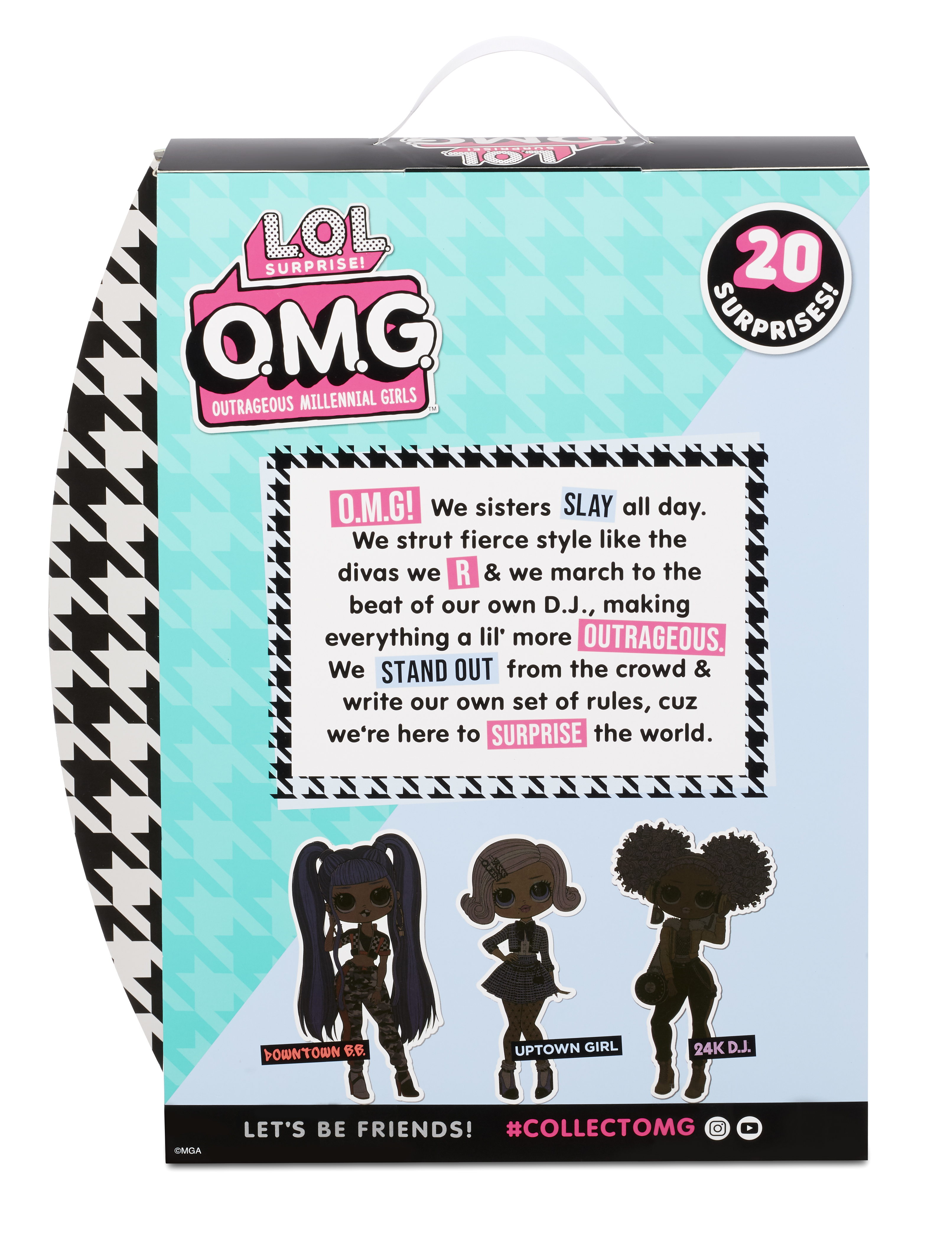 Tył pudełka z tekstem "LOL OMG Outrageous Millennial Girls". Zawiera zdjęcia lalek.