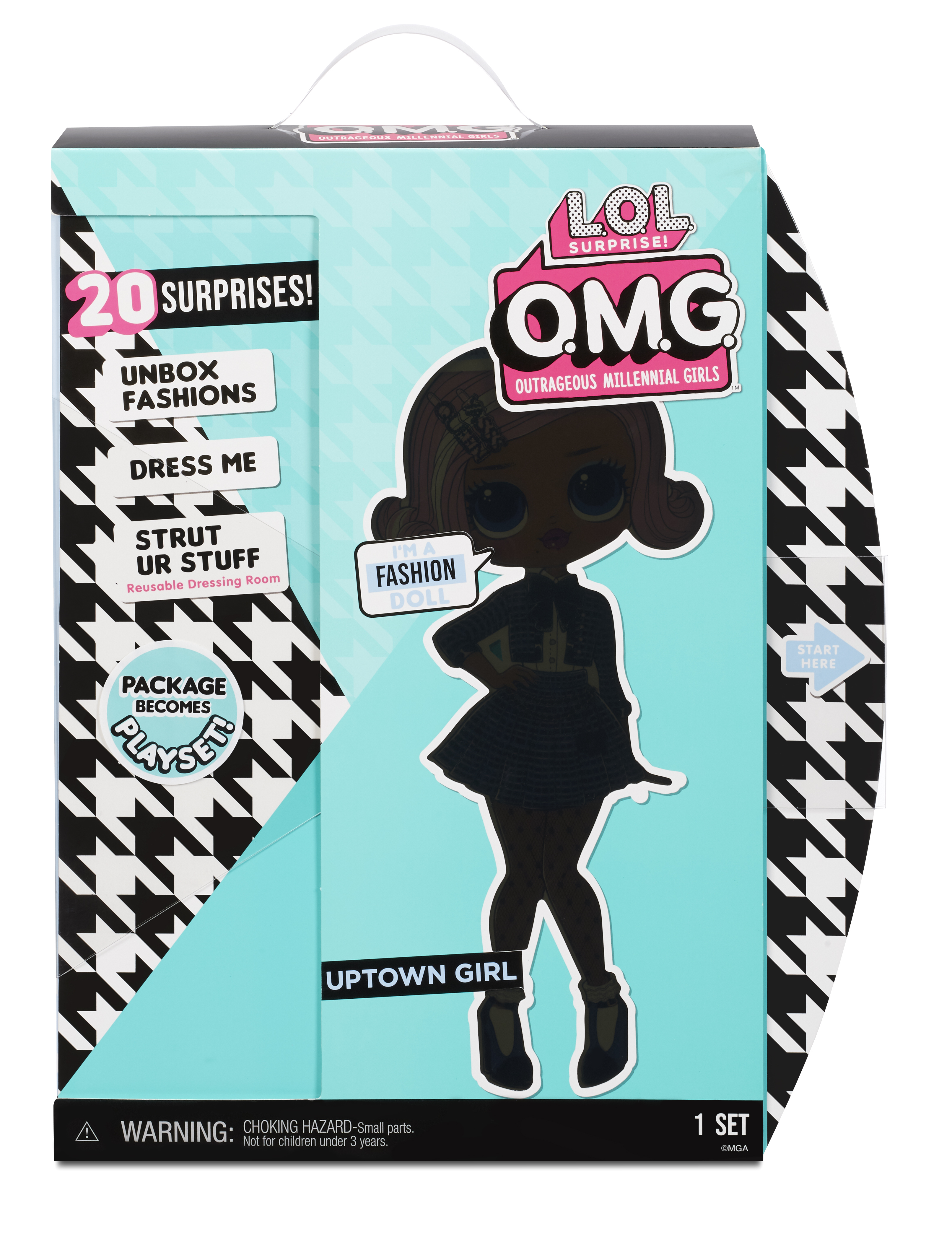 Zestaw lalek LOL Surprise w pudełku z ilustracją lalki. Pudełko ma czarno-biały wzór.