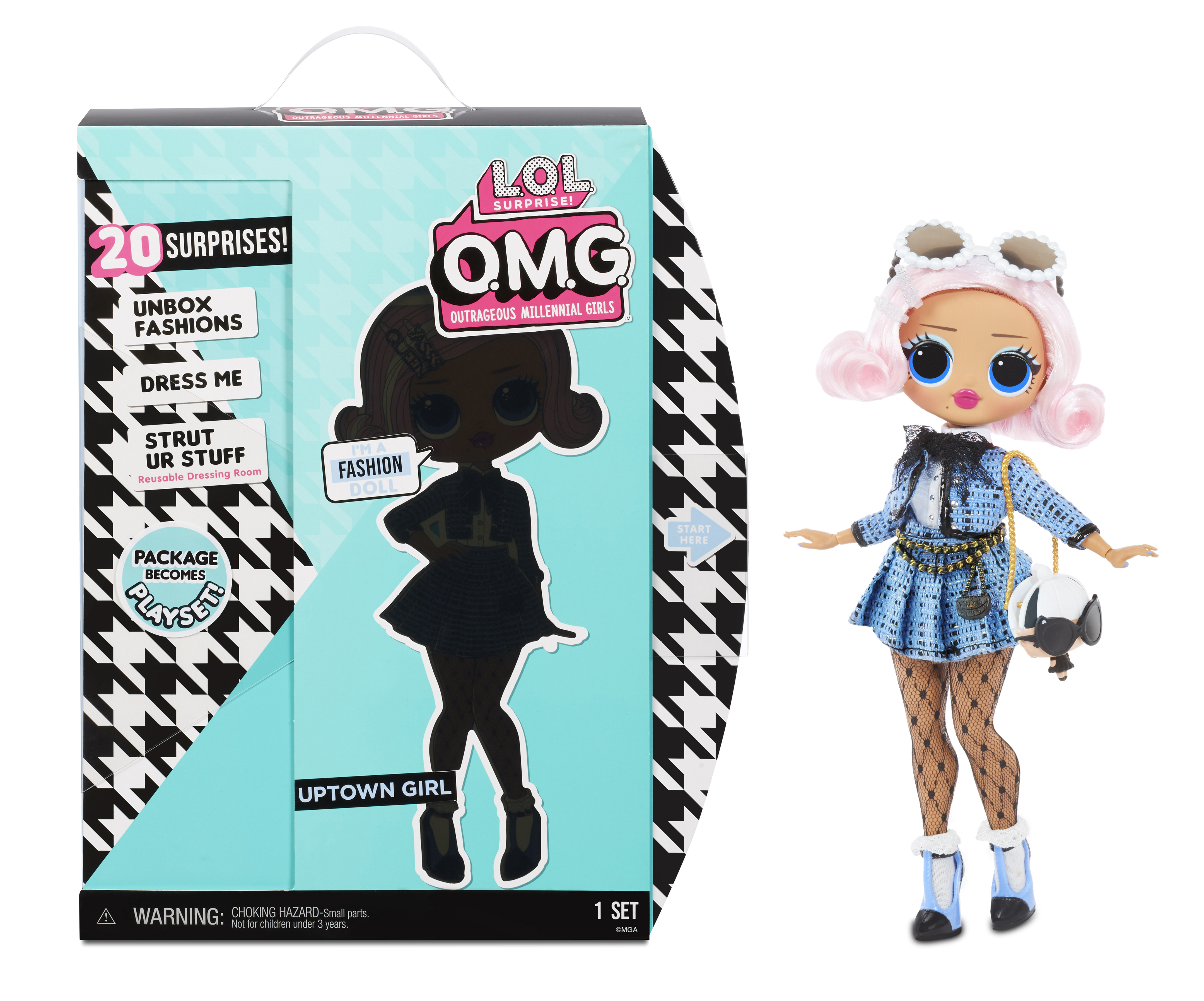 Lalka LOL OMG Uptown Girl i jej pudełko. Na pudełku napisano „20 niespodzianek” i „Uptown Girl”.