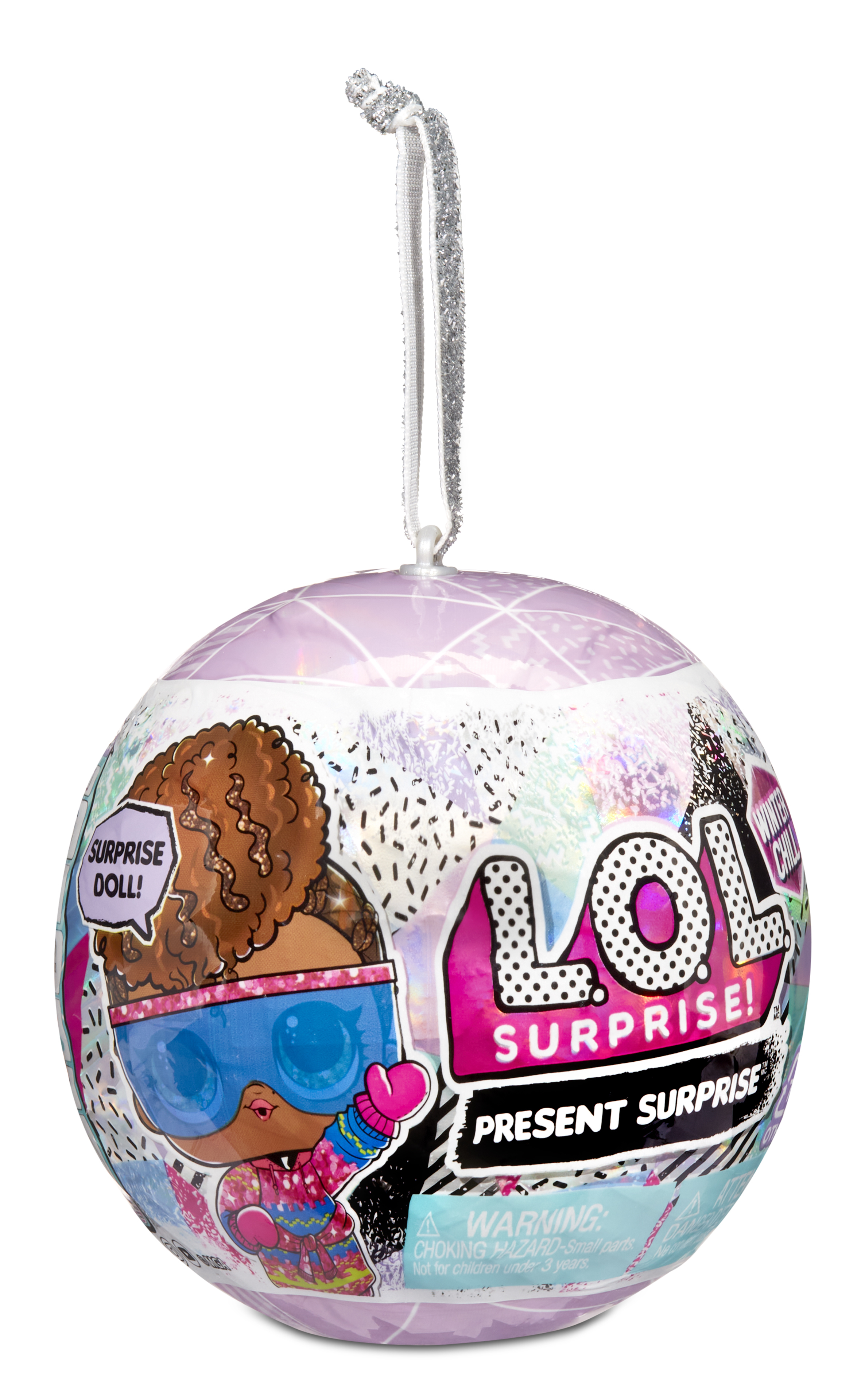 Ein runder LOL Surprise Ball mit Schleife. Er hat eine Puppenillustration und die Worte 'Present Surprise'.