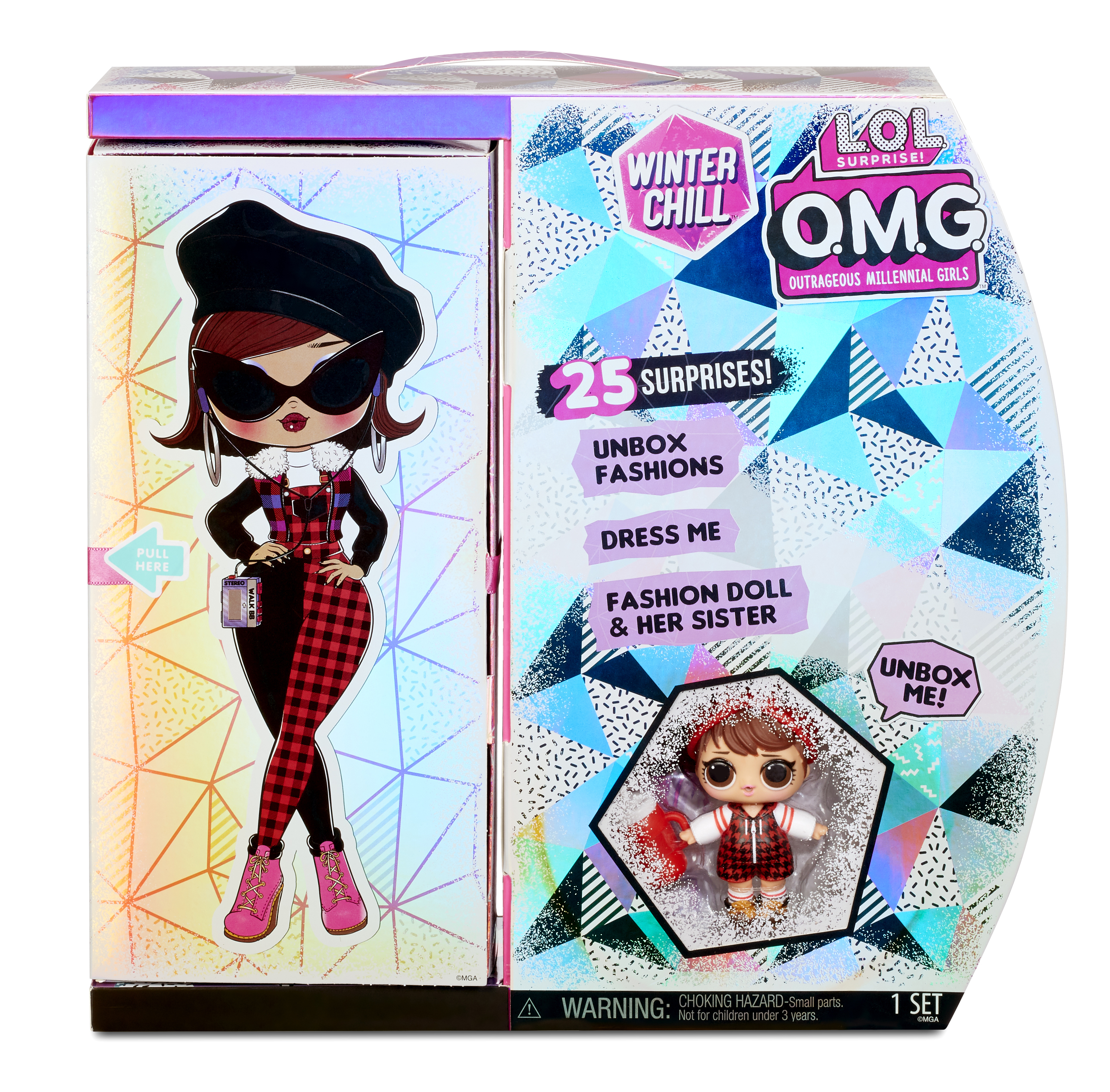 Kolorowe pudełko LOL Surprise z ilustracją lalki. Tekst brzmi 'Winter Chill' i '25 niespodzianek!'