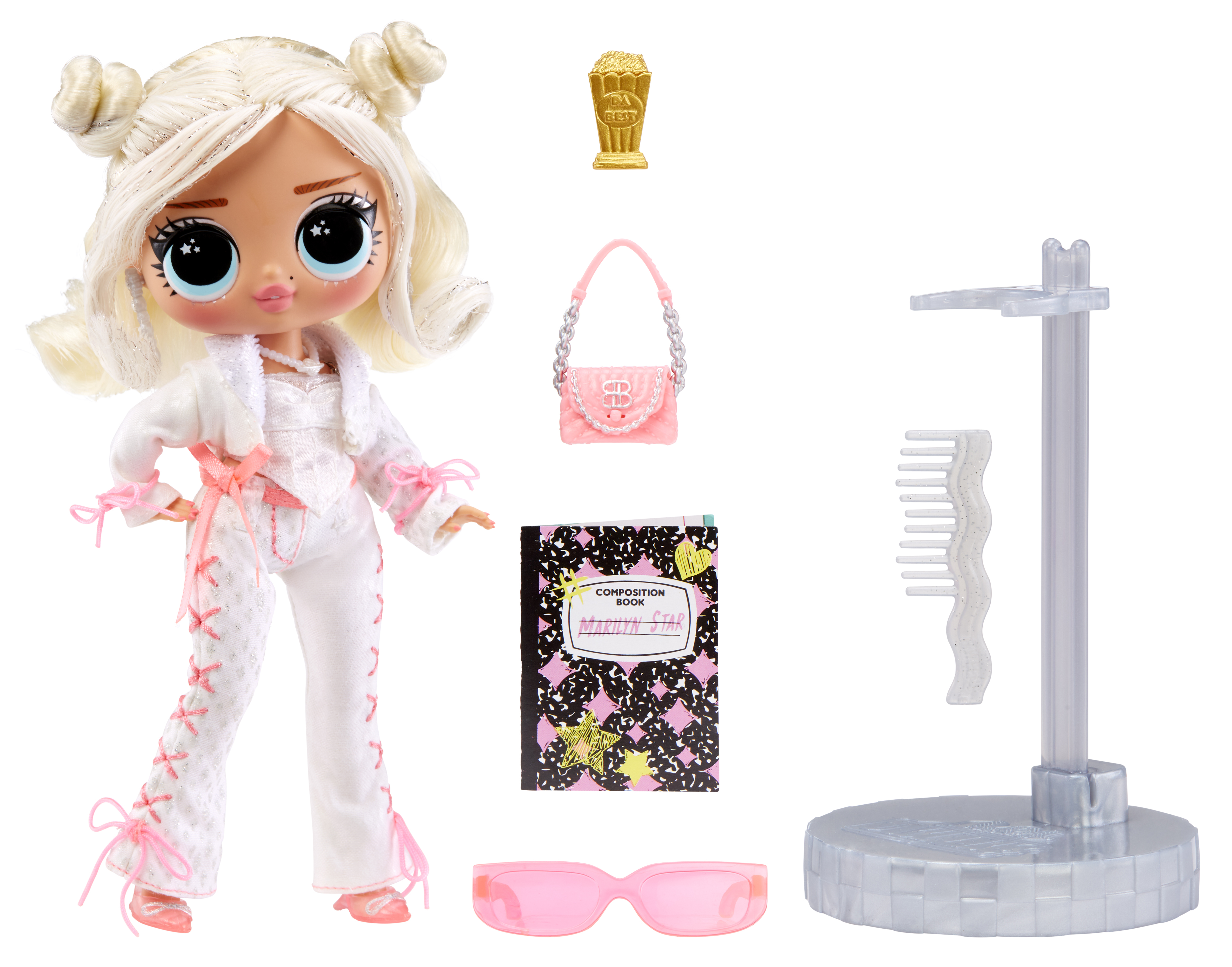 Eine Puppe mit weißen Haaren, rosa Sonnenbrille und Zubehör. Enthält eine Handtasche und ein Notizbuch.