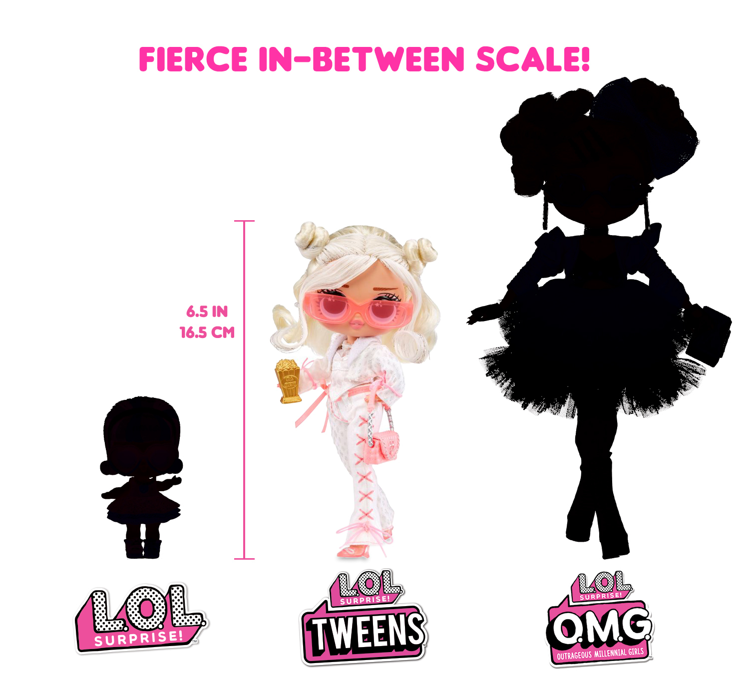 Eine Puppe mit weißen Haaren und rosa Brille, neben Silhouetten anderer Puppen. Text sagt 'tween' & 'OMG'.