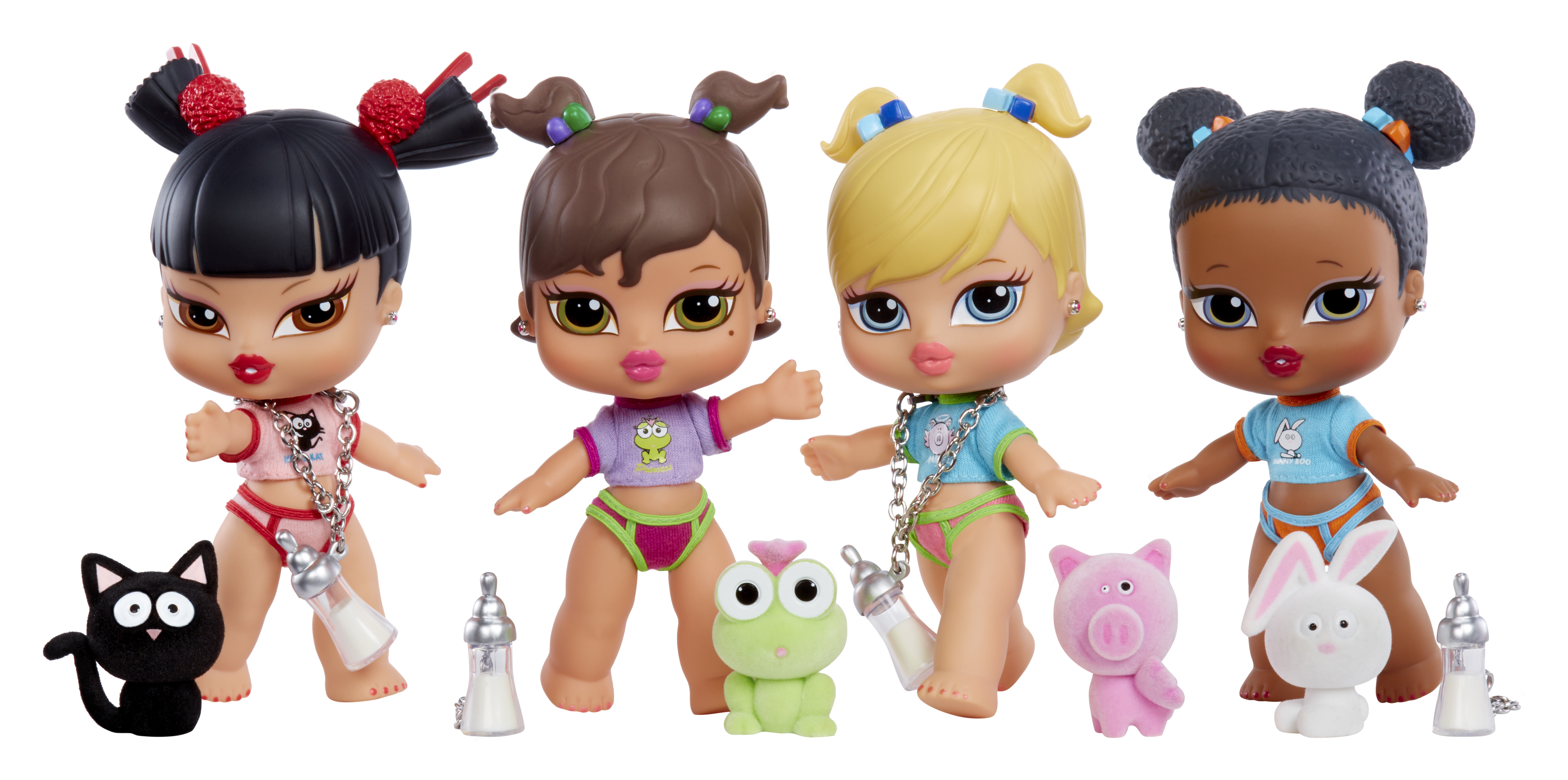 Vier Bratz Babyz Puppen mit Zubehör. Jede Puppe hat ein anderes Outfit, eine Flasche und ein Haustier.