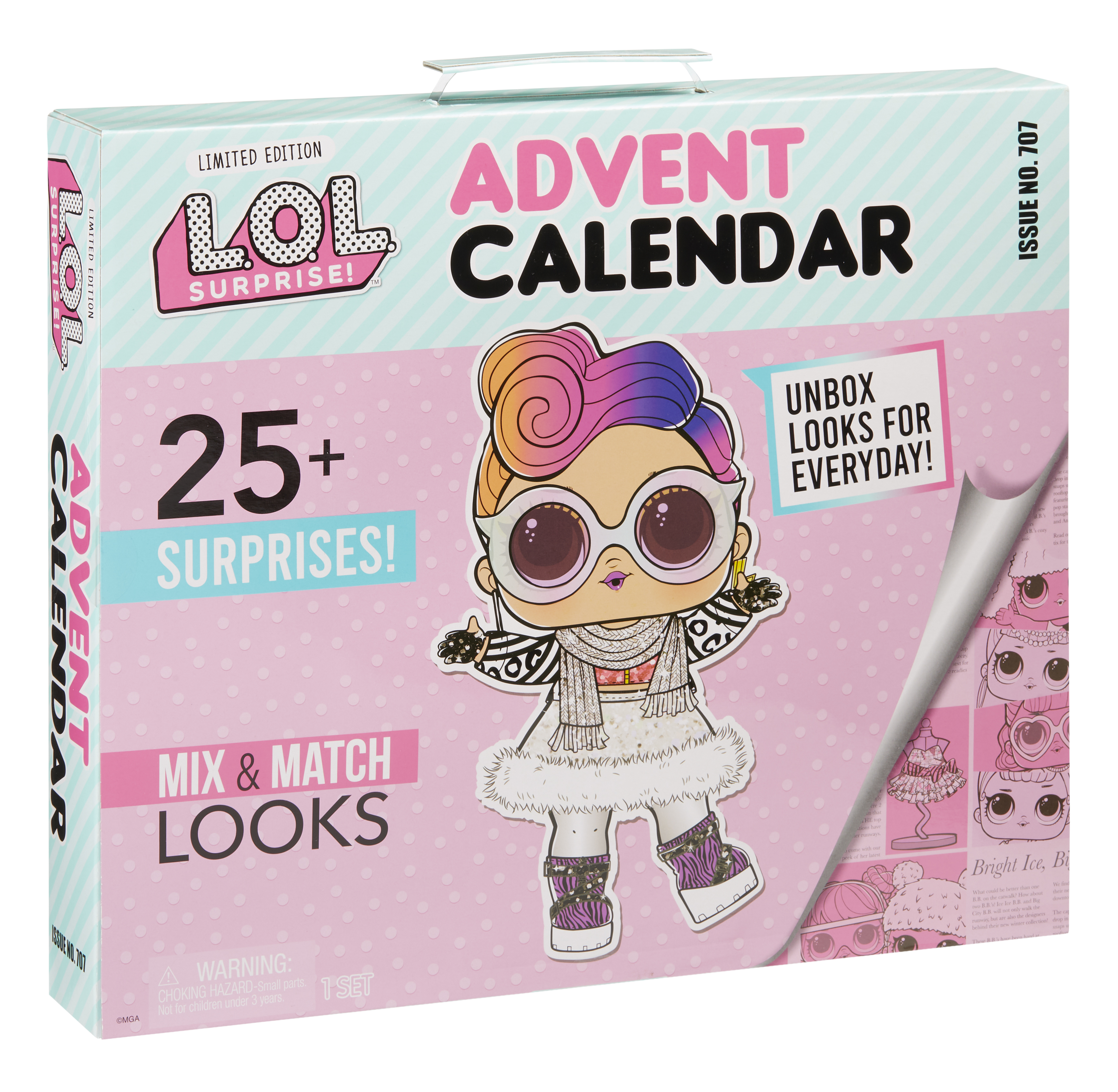 Eine LOL Surprise Adventskalender-Box. Sie hat Text und ein Cartoon-Puppenbild. Es ist eine limitierte Auflage.