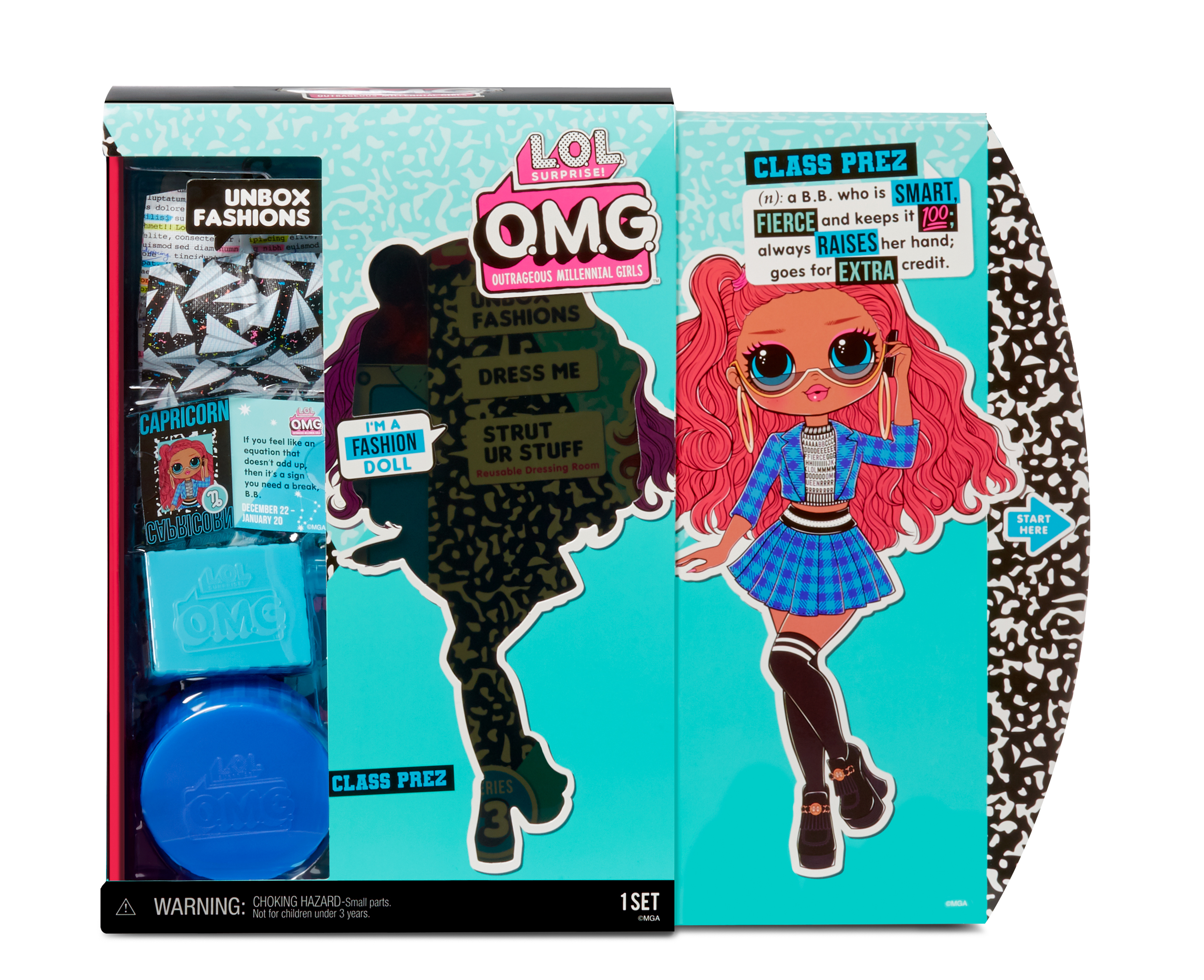 Pudełko z lalką LOL OMG z lalką i akcesoriami z przodu. Niebieskie tło.