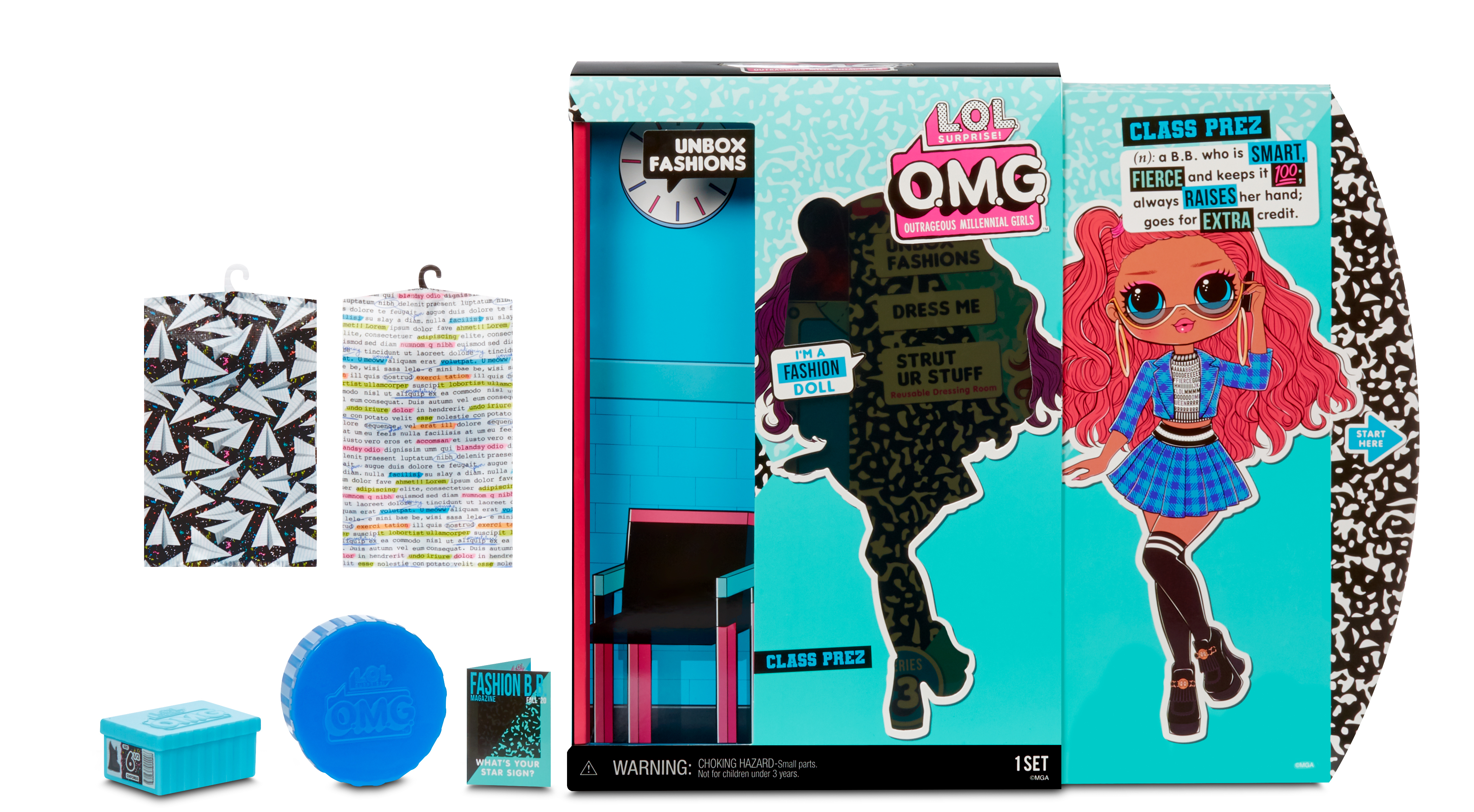 Pudełko z lalką LOL OMG z akcesoriami. Lalka jest pokazana na pudełku z otwartymi drzwiami.