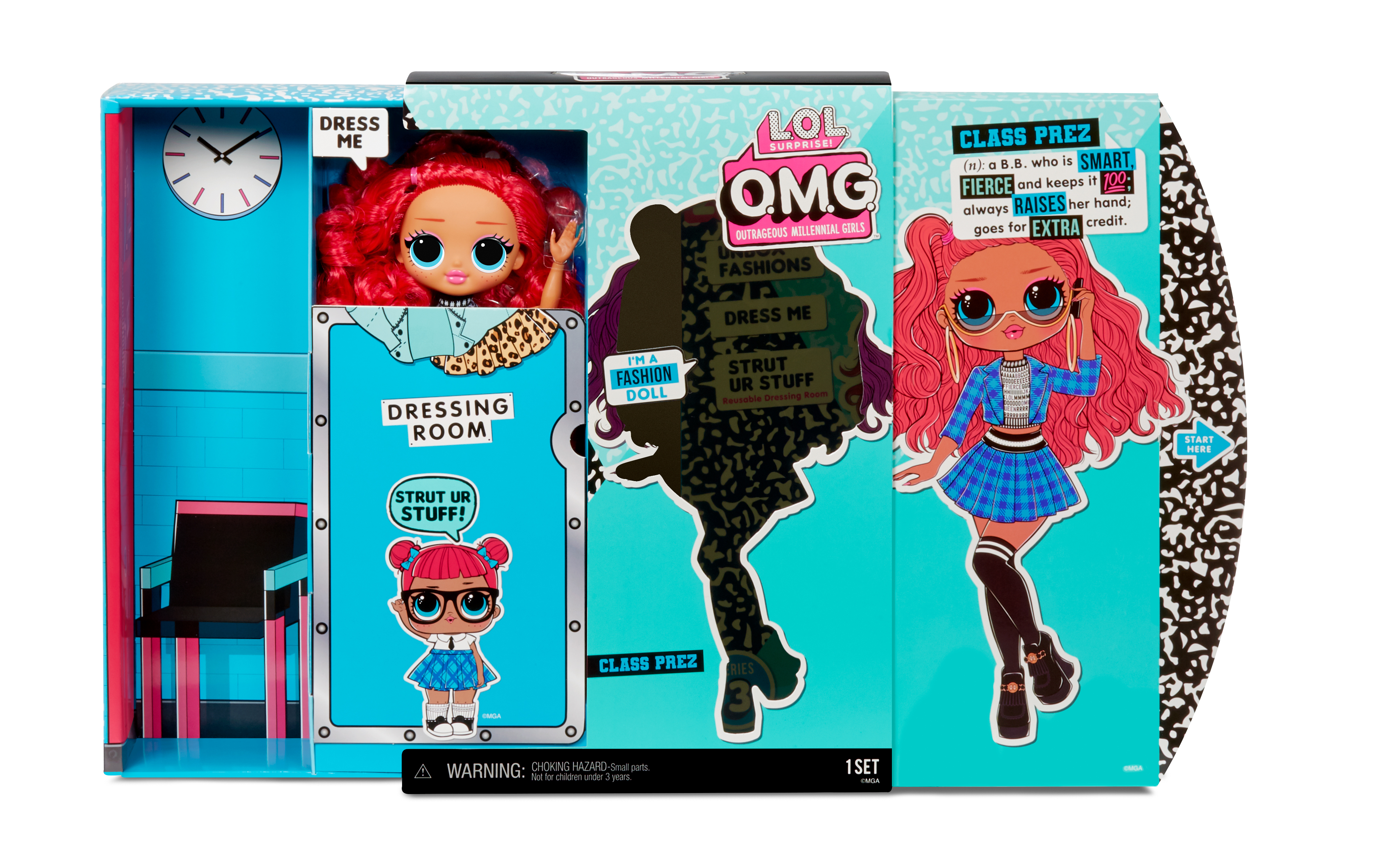Pudełko z lalką LOL Surprise OMG. Z przodu znajduje się lalka z rudymi włosami i stylowym strojem, w tematyce garderoby.