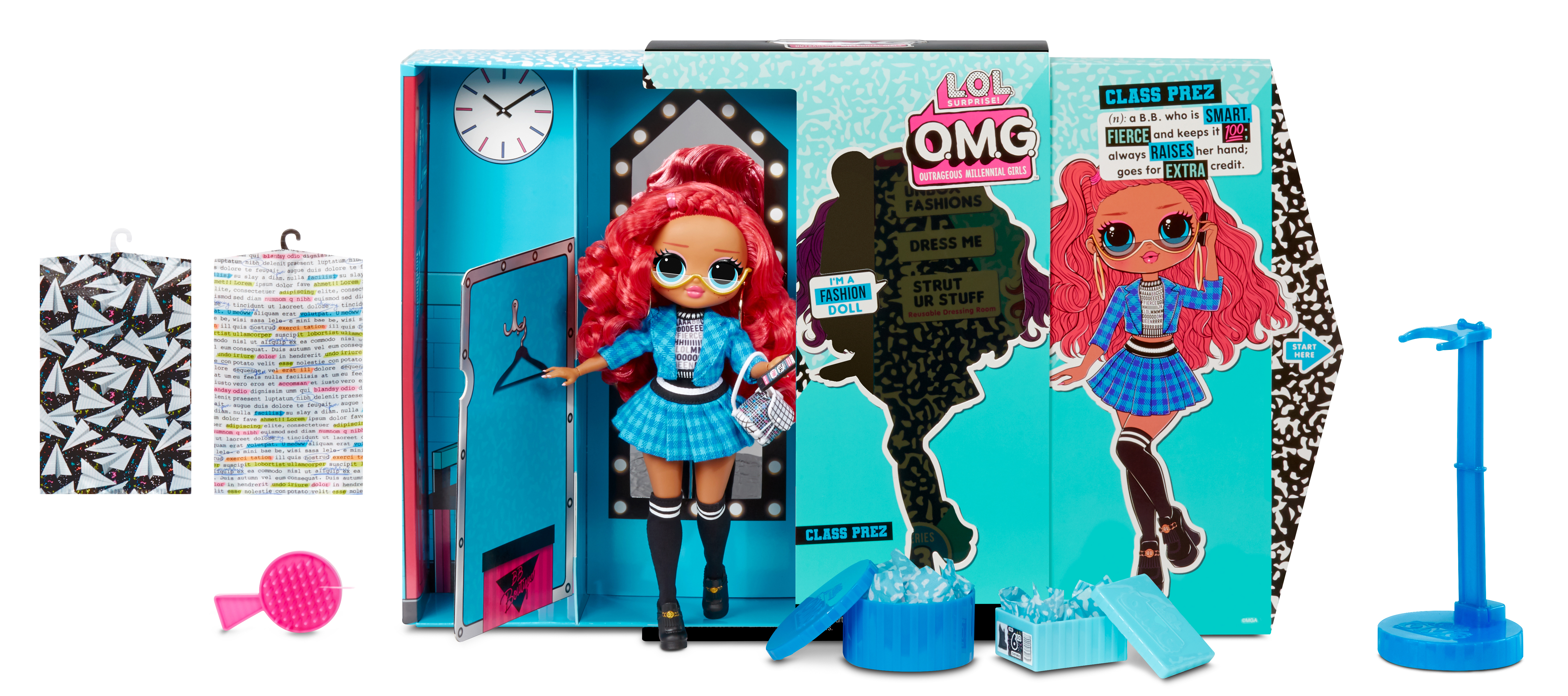 Zestaw pudełkowy dla lalek. Lalka jest w pudełku, a akcesoria obok.