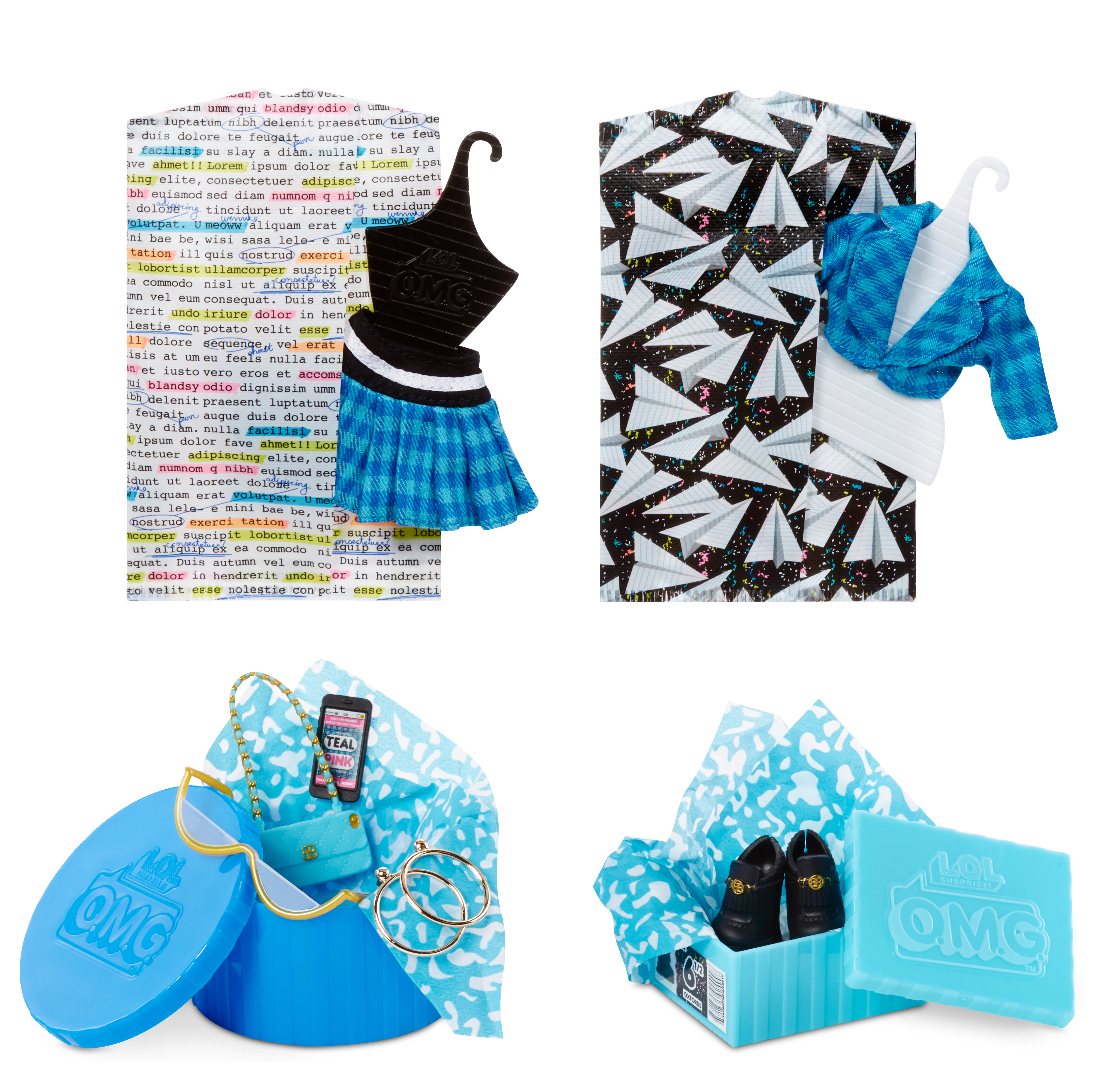 Akcesoria dla lalek LOL OMG: ubrania, torba, okulary, buty. Niebieskie i białe tło.