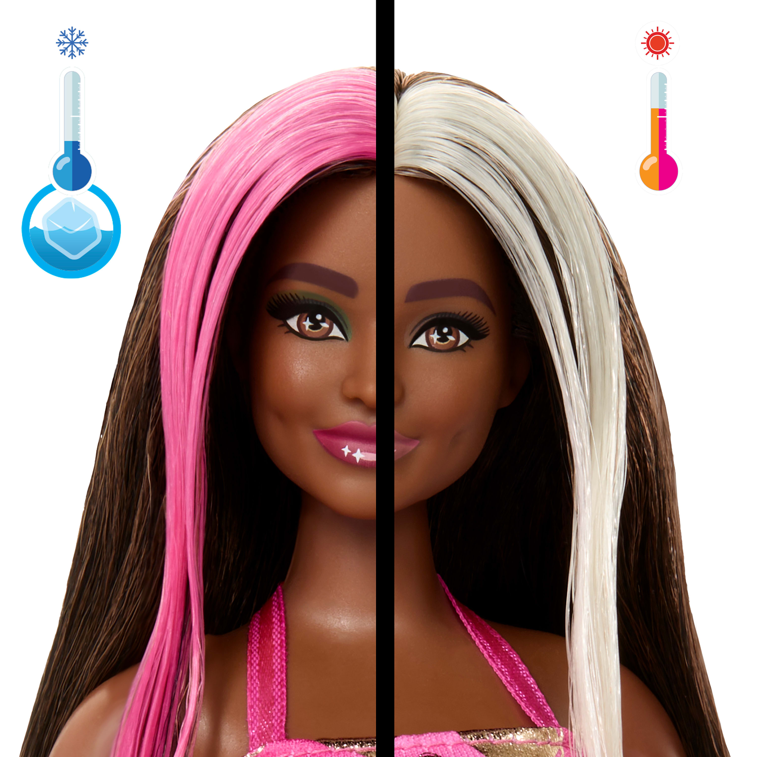 Una bambola Barbie con trucco diviso sul viso. Un lato ha trucco a tema freddo, l'altro a tema caldo, con icone corrispondenti.