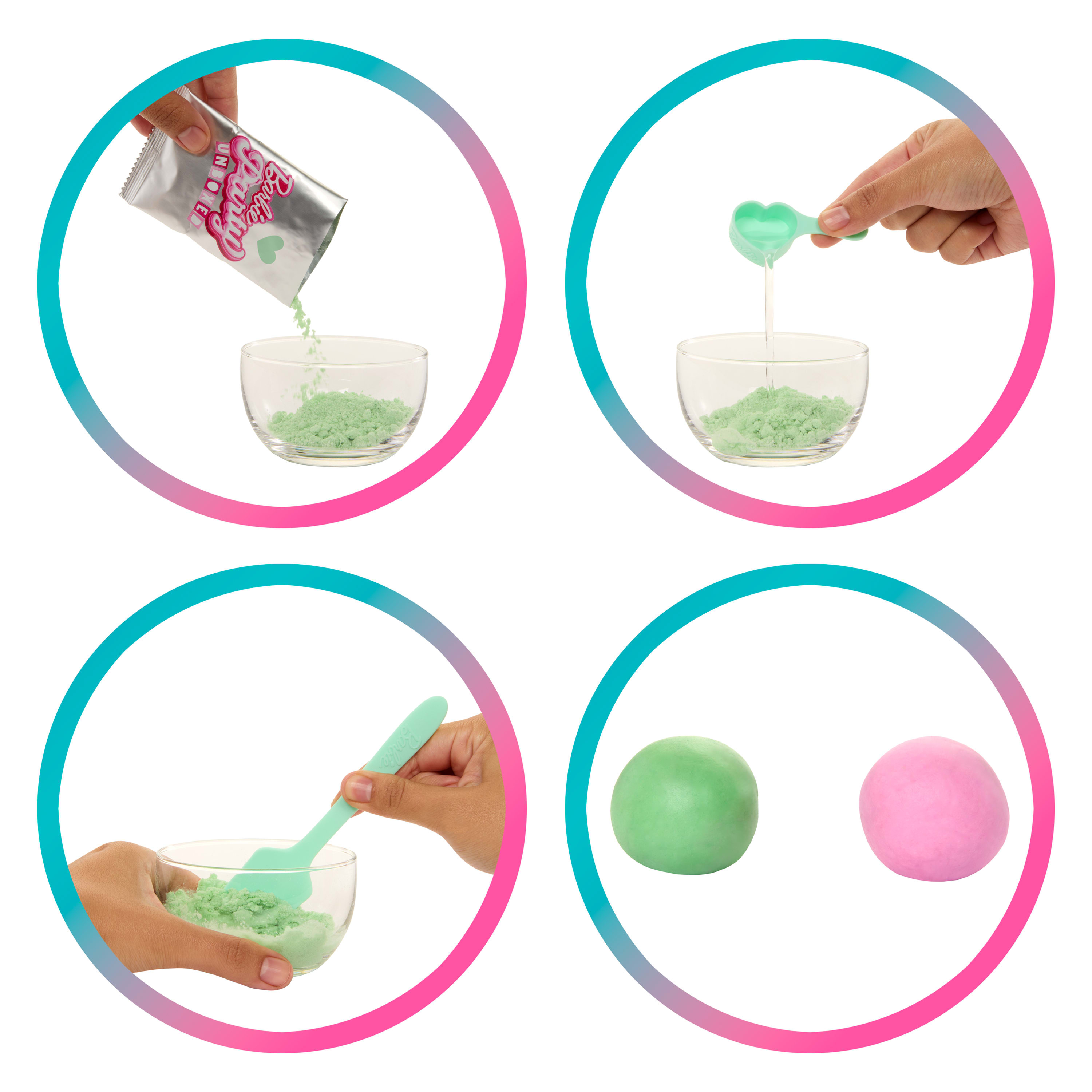 Fasi che mostrano la miscelazione di polvere verde con acqua, con conseguenti consistenze melmose verdi e rosa.