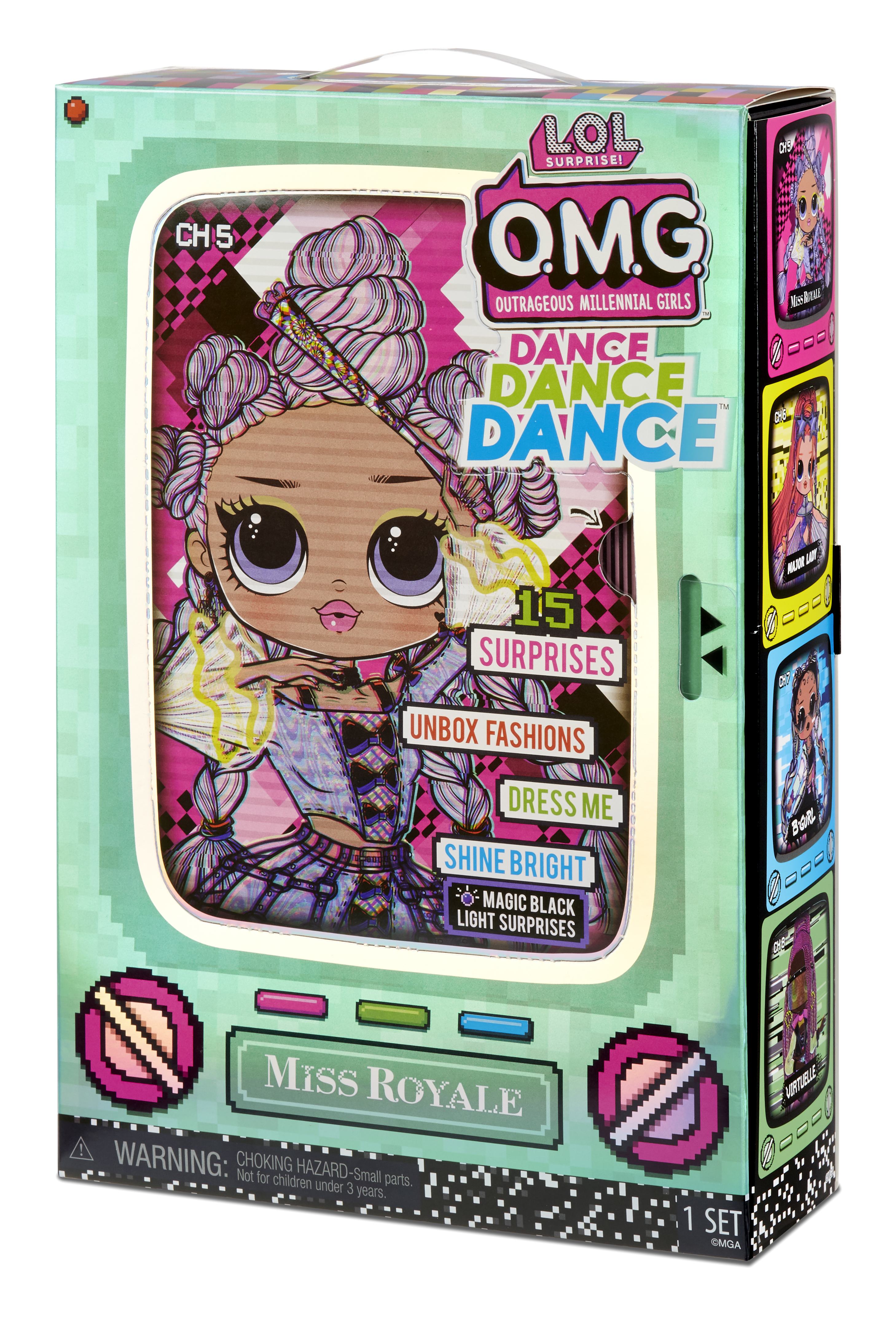 Eine LOL OMG Puppenbox. Die Box zeigt eine Puppe mit lila Haaren in einem modischen Outfit mit dem Thema Ankleideraum.