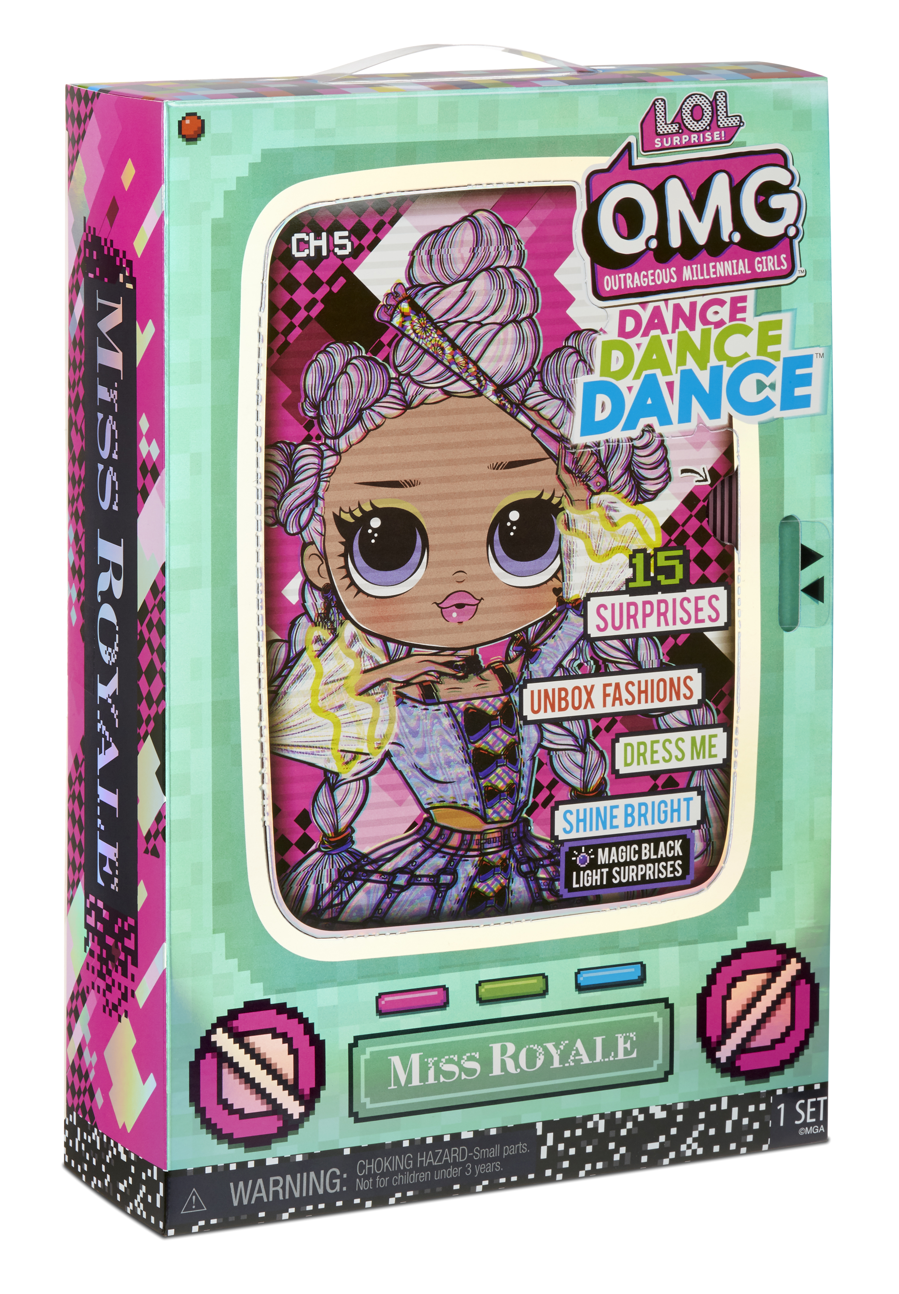 LOL OMG Miss Royale Puppenverpackung mit Puppenillustration. Weißer Hintergrund.