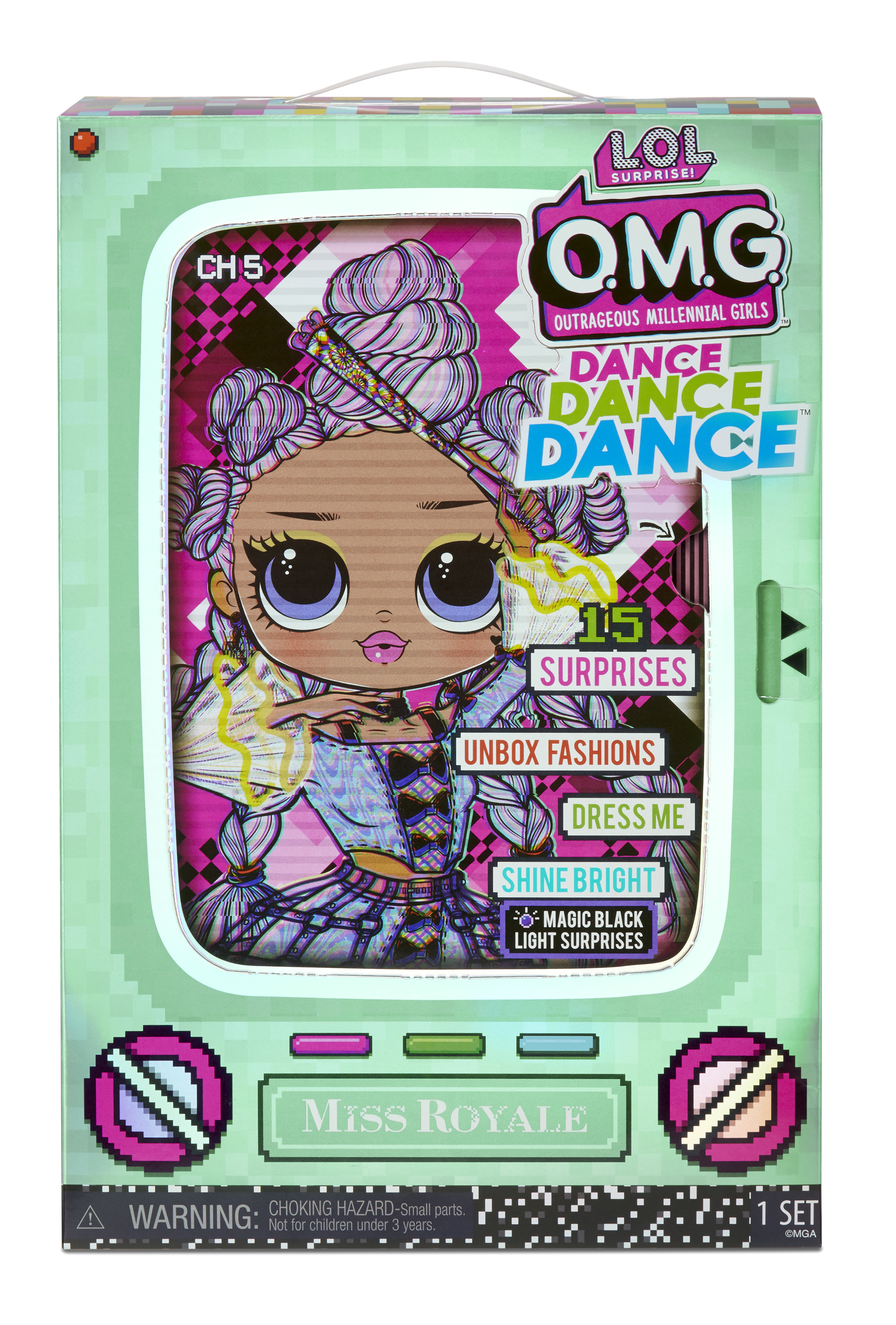 Verpackte LOL OMG-Puppe, mit einem Puppenbild und die Box hat rosa und blaugrüne Farben.