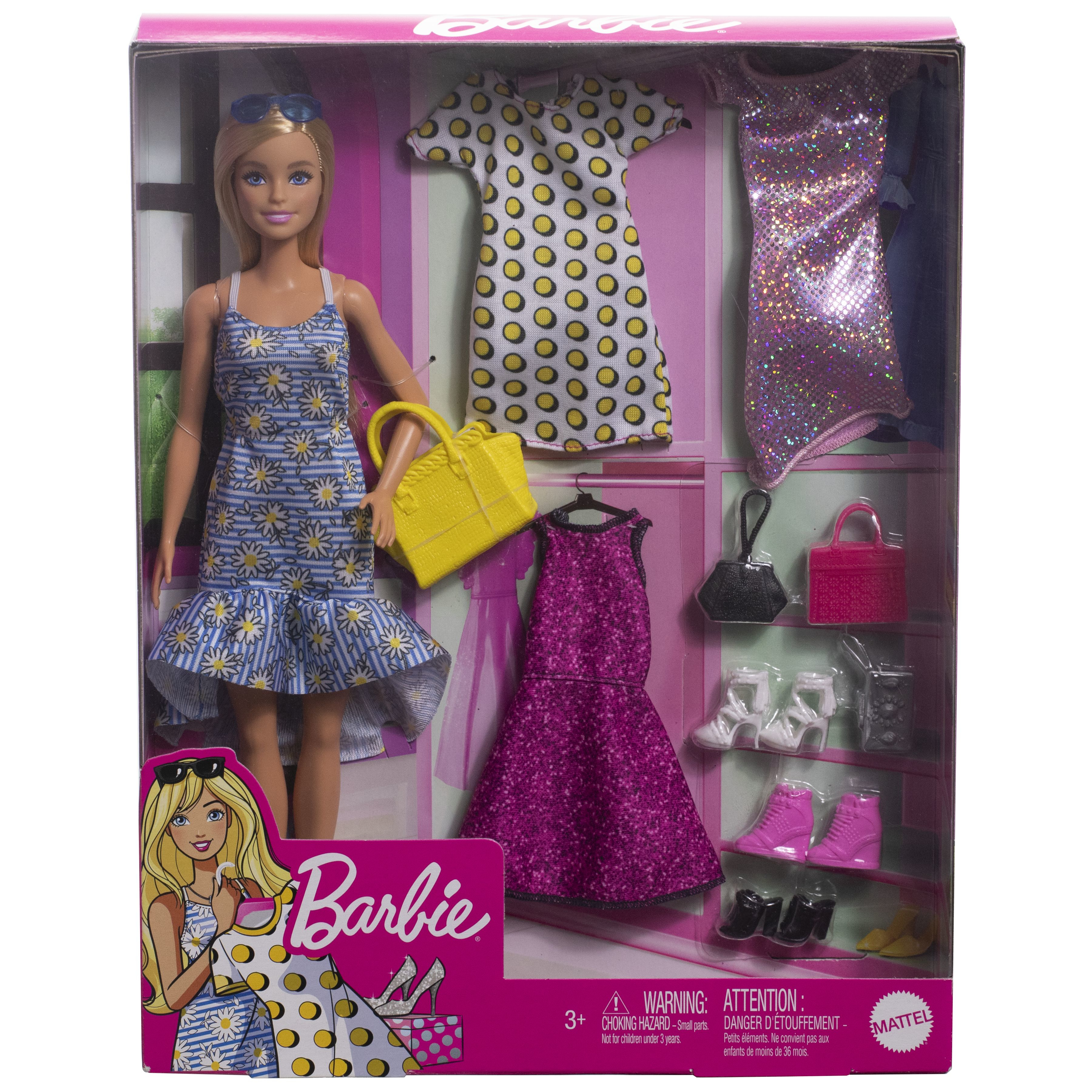 Lalka Barbie w pudełku z ubraniami i akcesoriami. Zestaw zawiera sukienki, torebki i buty.
