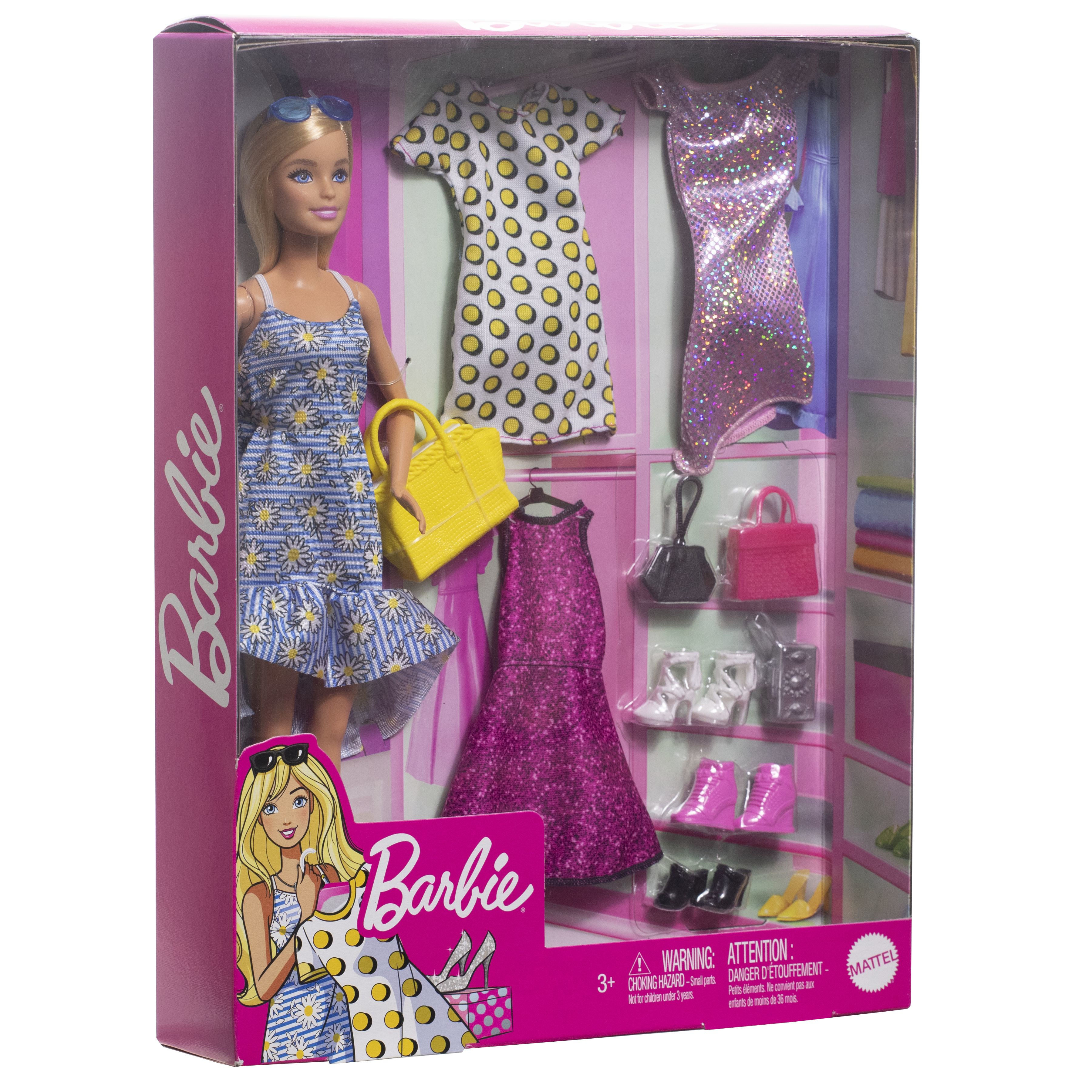 Barbie w pudełku. Zawiera lalkę w niebieskiej sukience, ubrania i akcesoria.