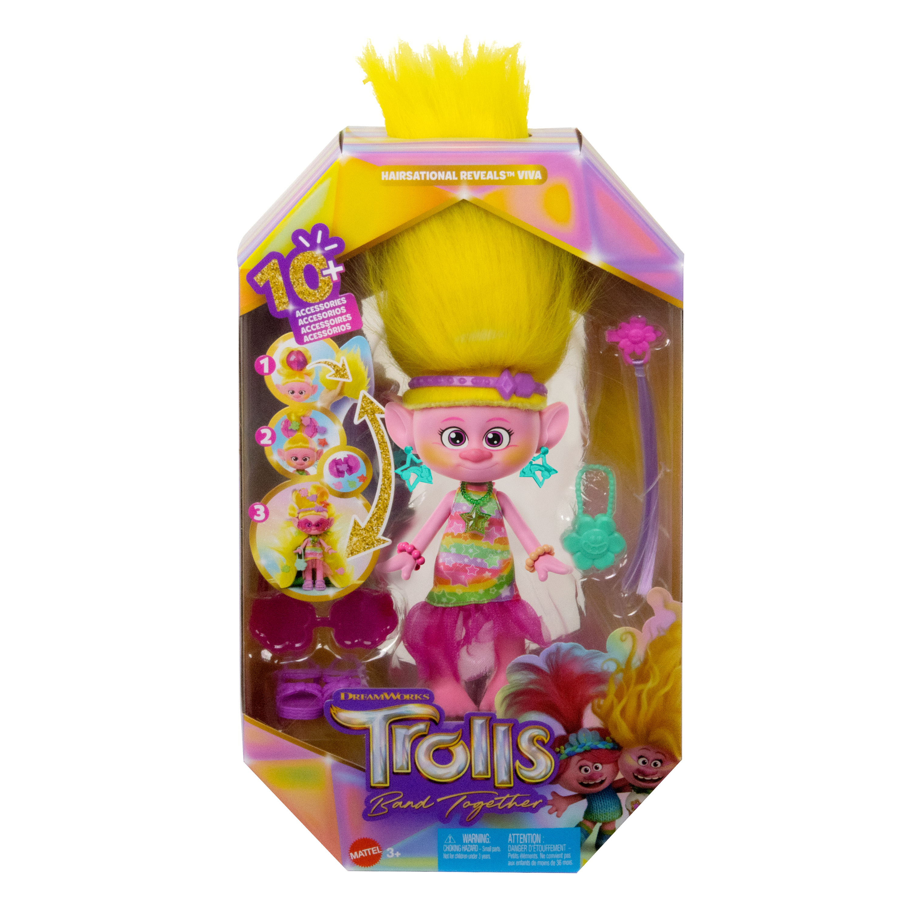 Bambola Troll in una scatola con capelli gialli, pelle rosa e vestito colorato, con accessori.