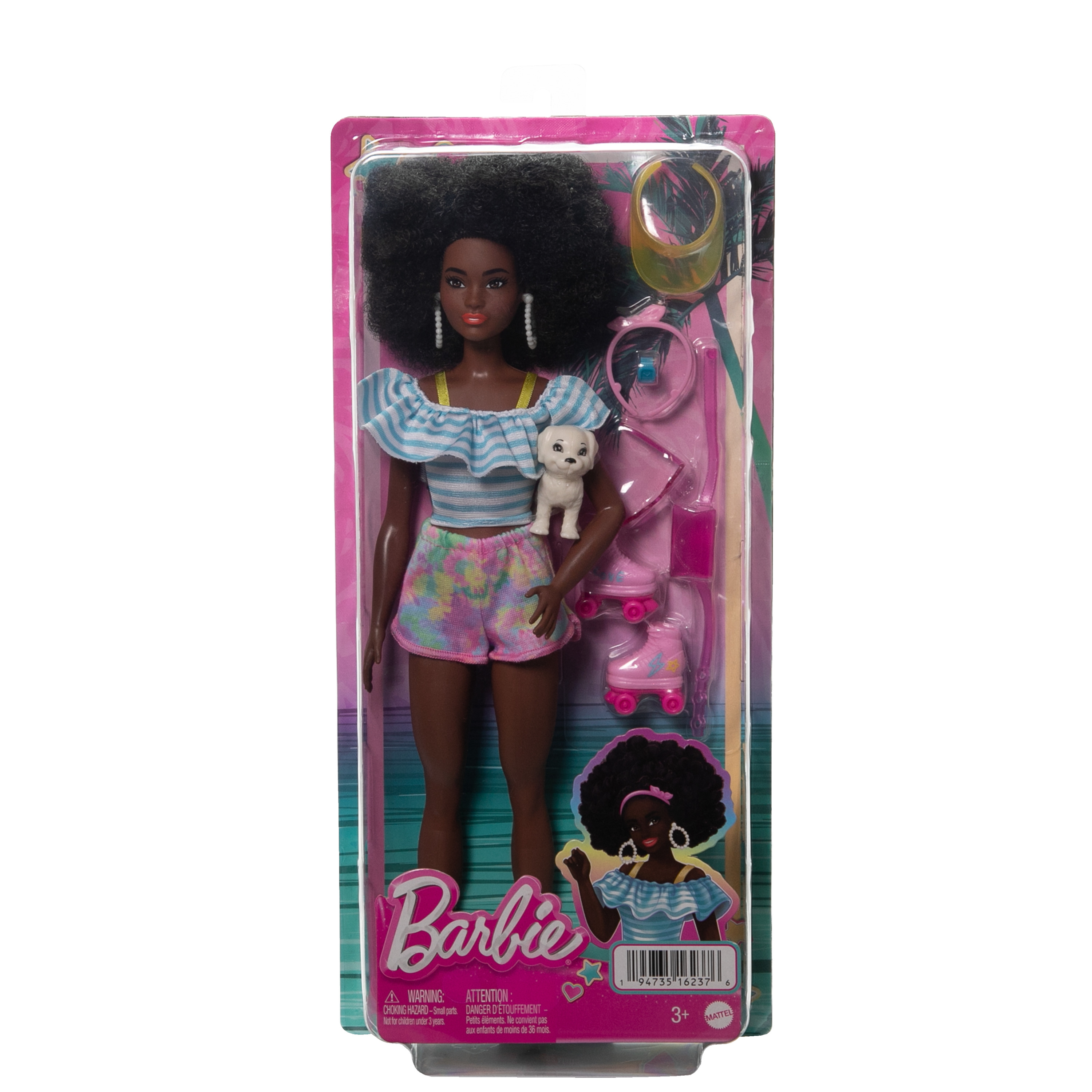 Barbie-Puppe in Verpackung, trägt Shorts und ein Oberteil, hält einen Welpen, mit Rollschuhen.