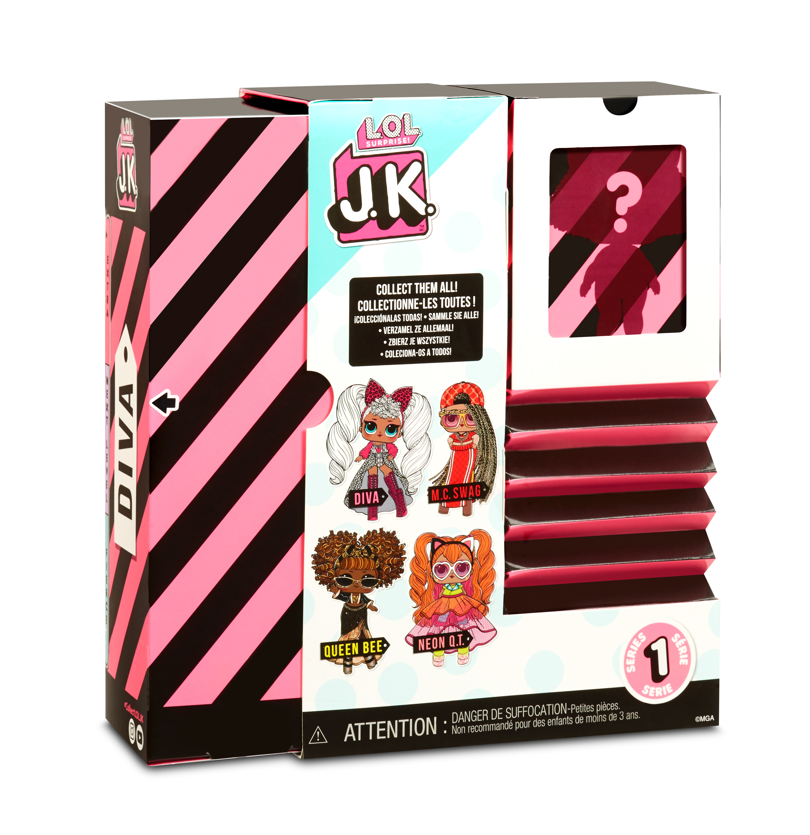Una caja de muñecas LOL con diferentes muñecas en la portada, en tonos rosa y negro.
