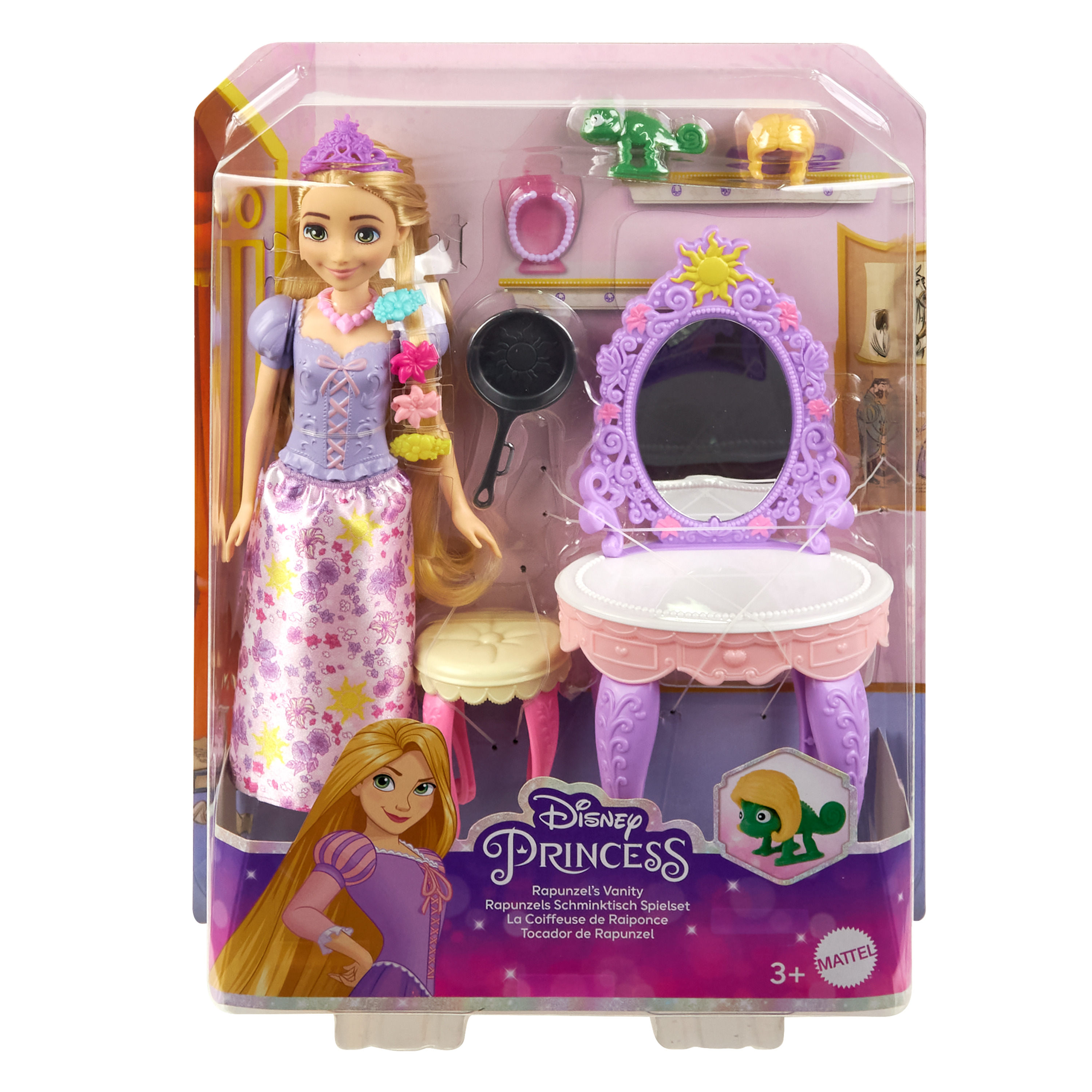 Rapunzel-Puppe in einer Vitrine mit Schminktisch und Zubehör. Die Verpackung ist sichtbar.