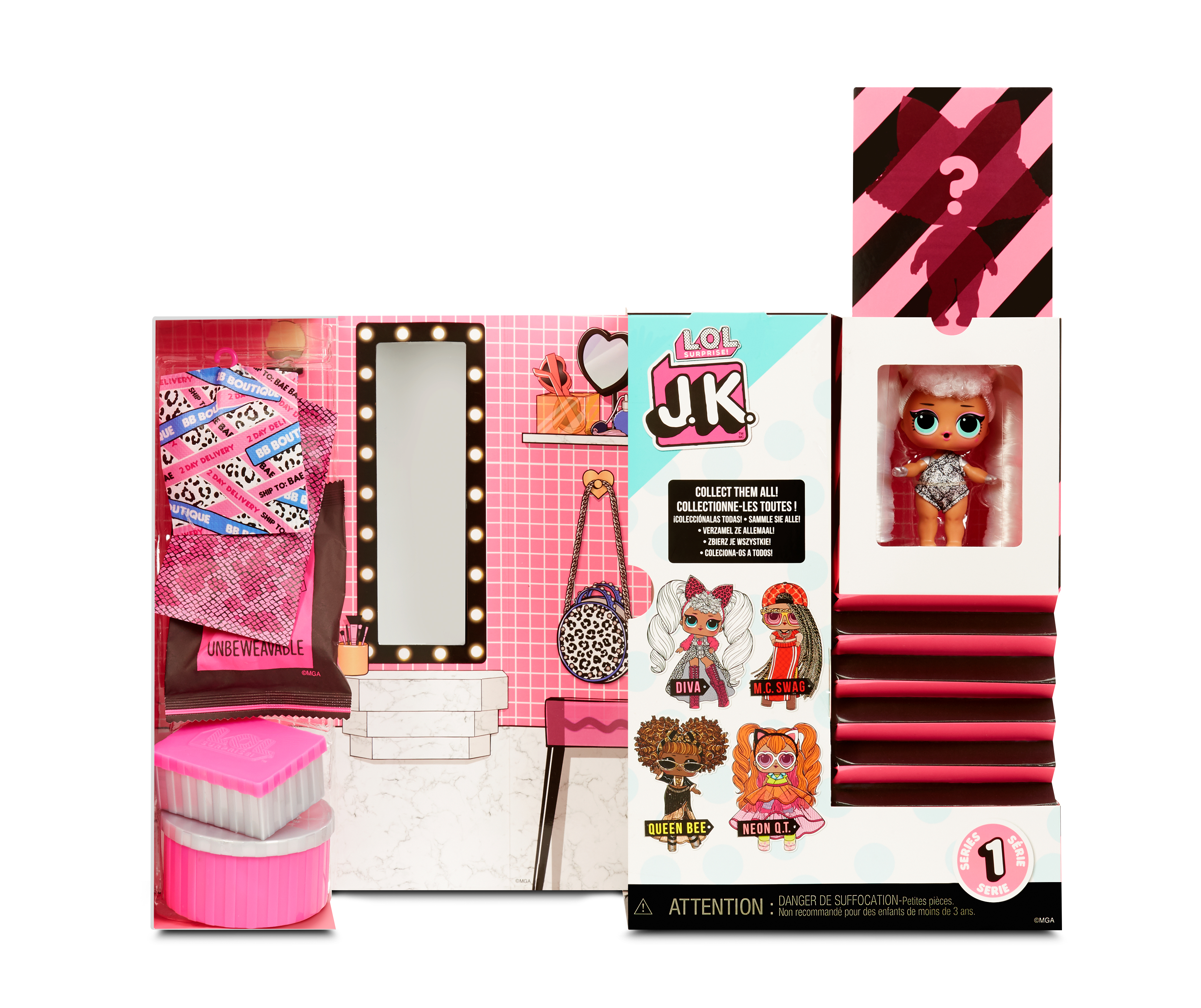 Set de muñecas LOL con una muñeca, accesorios y un fondo. El diseño es rosa.