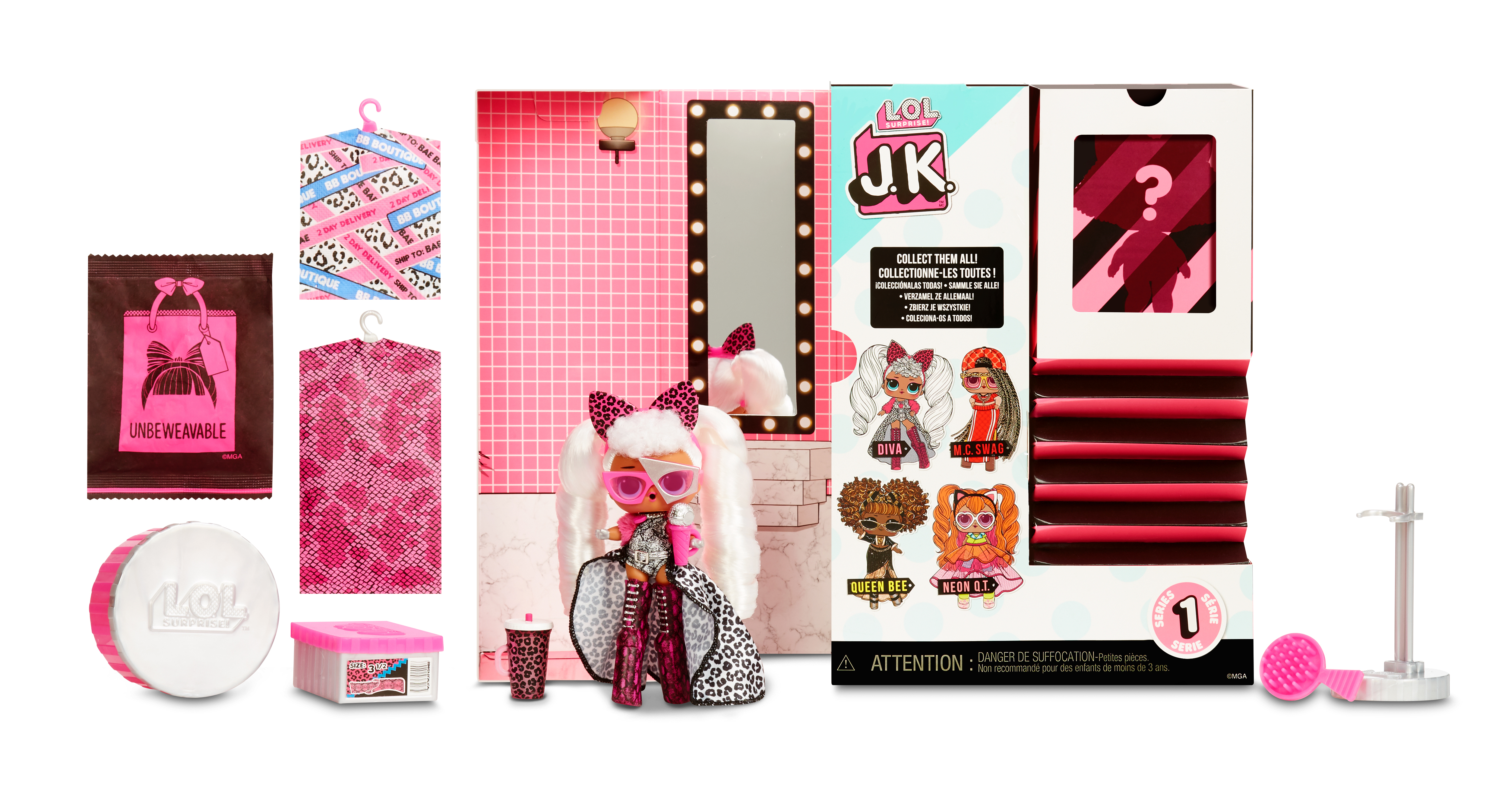Set de muñecas LOL Surprise! JK con muñeca, accesorios y una caja con espejo y varios artículos.