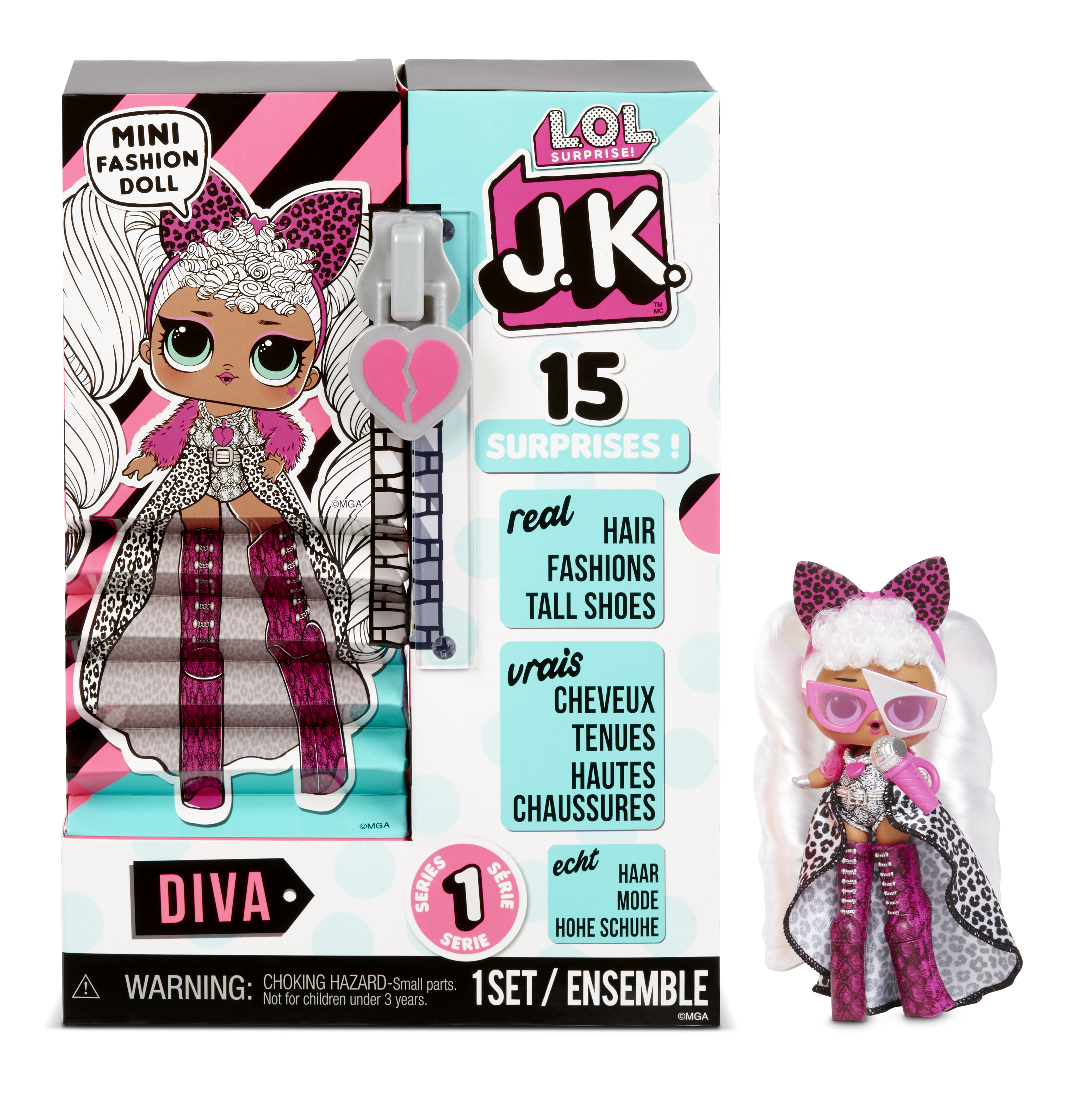 Caja de muñeca LOL, con una muñeca de pelo blanco, en un diseño rosa y negro.