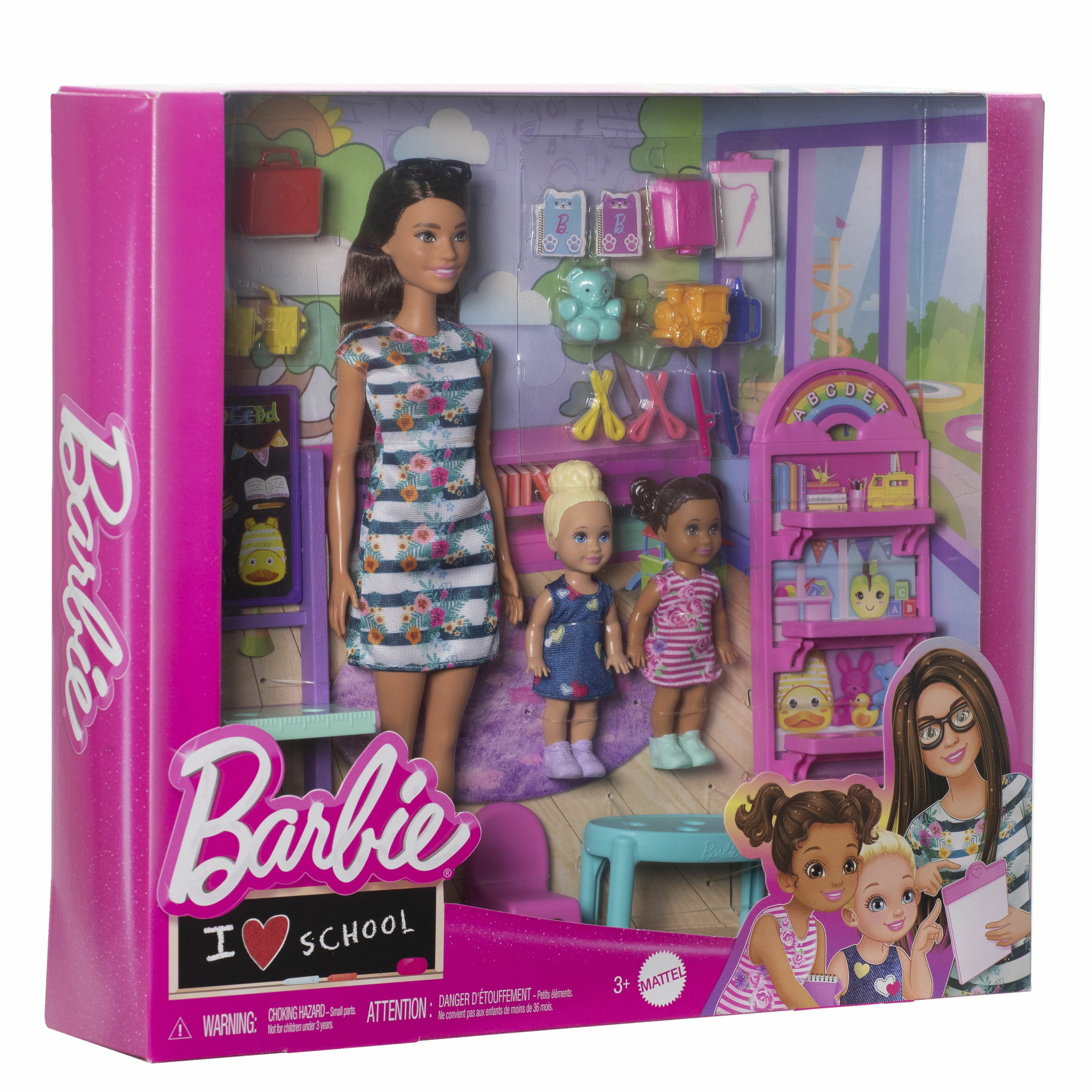 Set de muñecas Barbie con Barbie, dos muñecas pequeñas, útiles escolares y un fondo escolar.