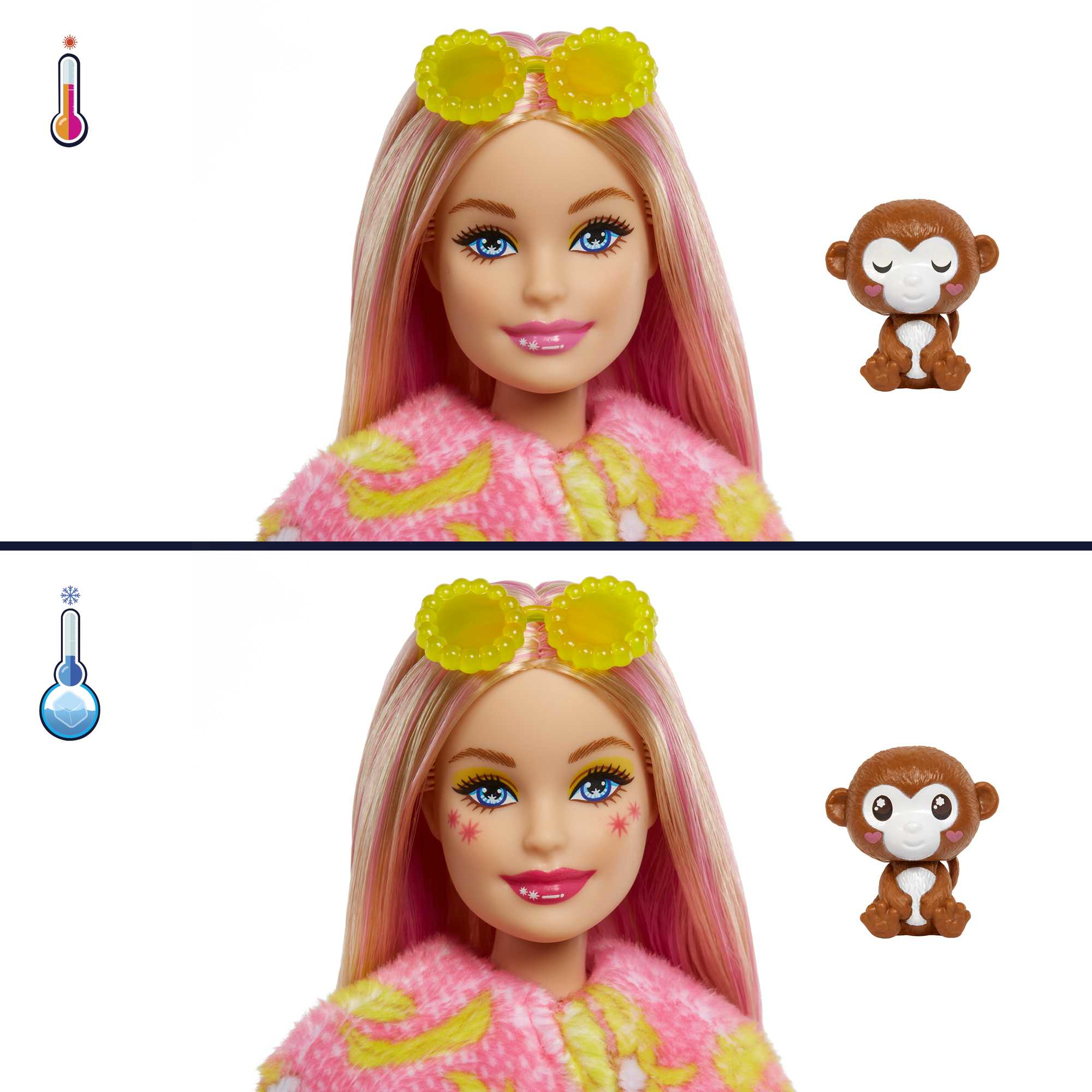 Barbie-Puppe mit rosa Haaren und Sonnenbrille, ein kleines Affenspielzeug und ein Thermometer-Symbol.