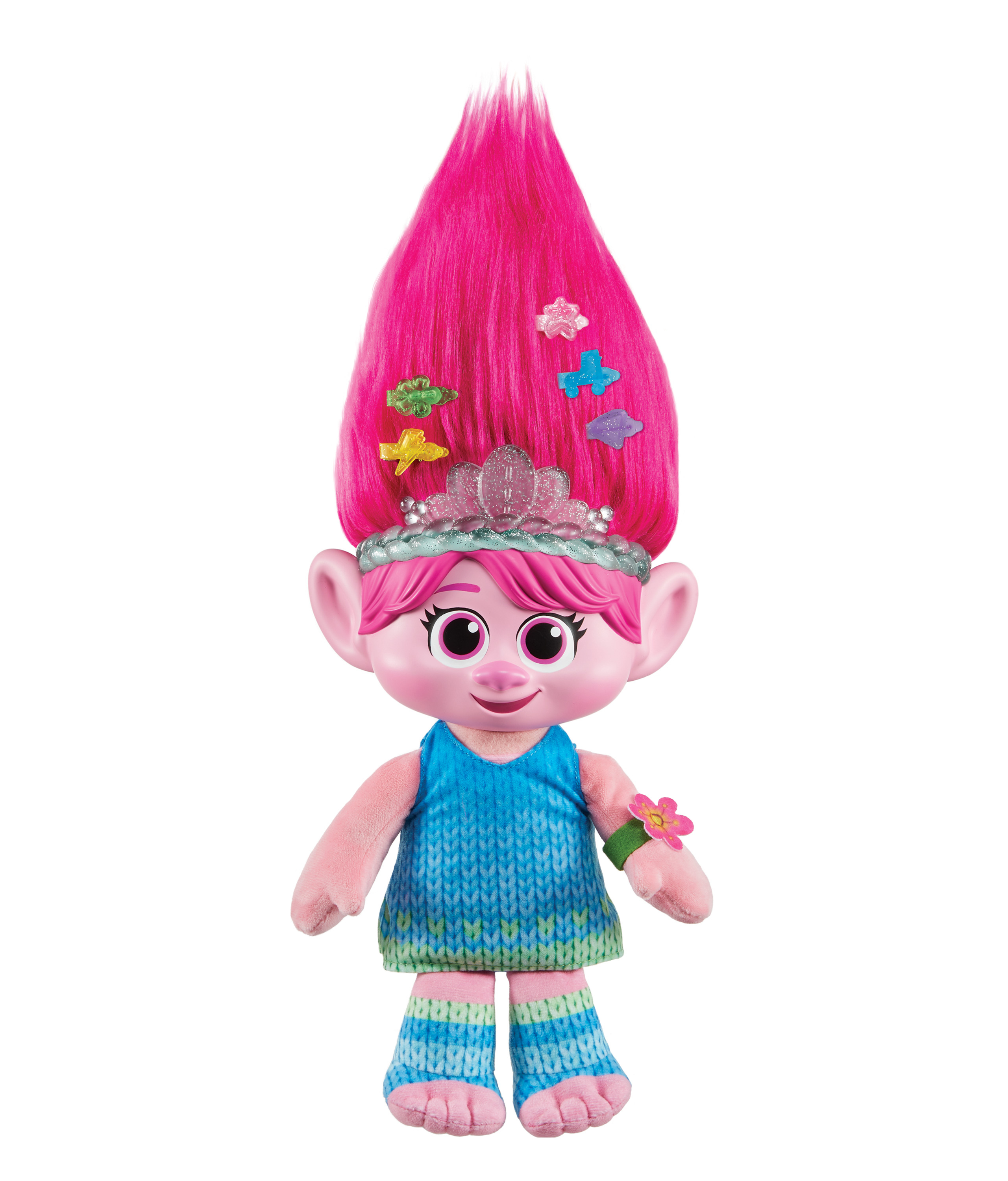 Eine Trolls-Puppe mit rosa Haaren, die ein blaues Oberteil und blaue Socken trägt. Sie hat rosa Haut und große Augen.