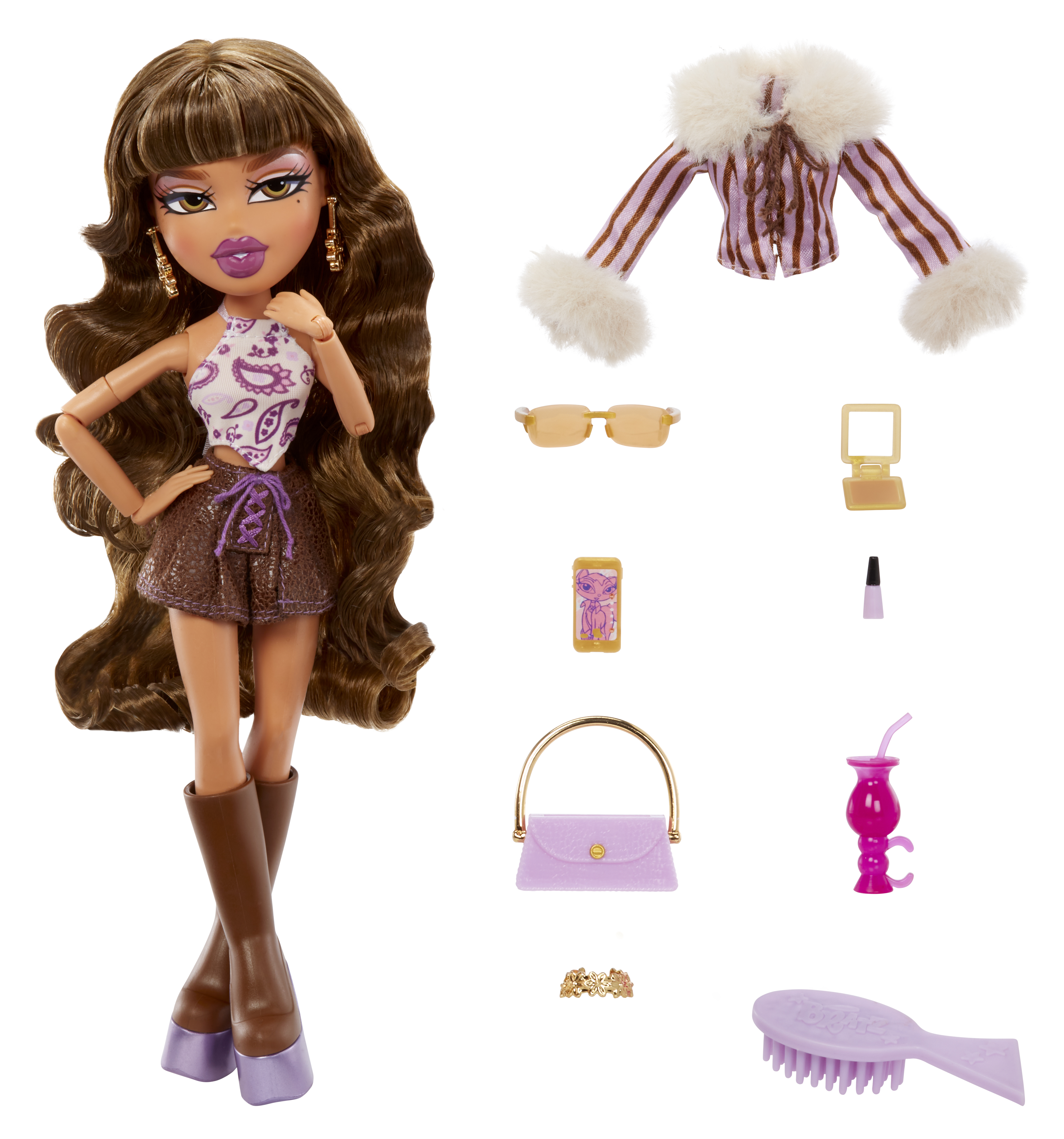 Lalka Bratz z brązowymi włosami, w modnych ubraniach i z akcesoriami ułożonymi wokół.