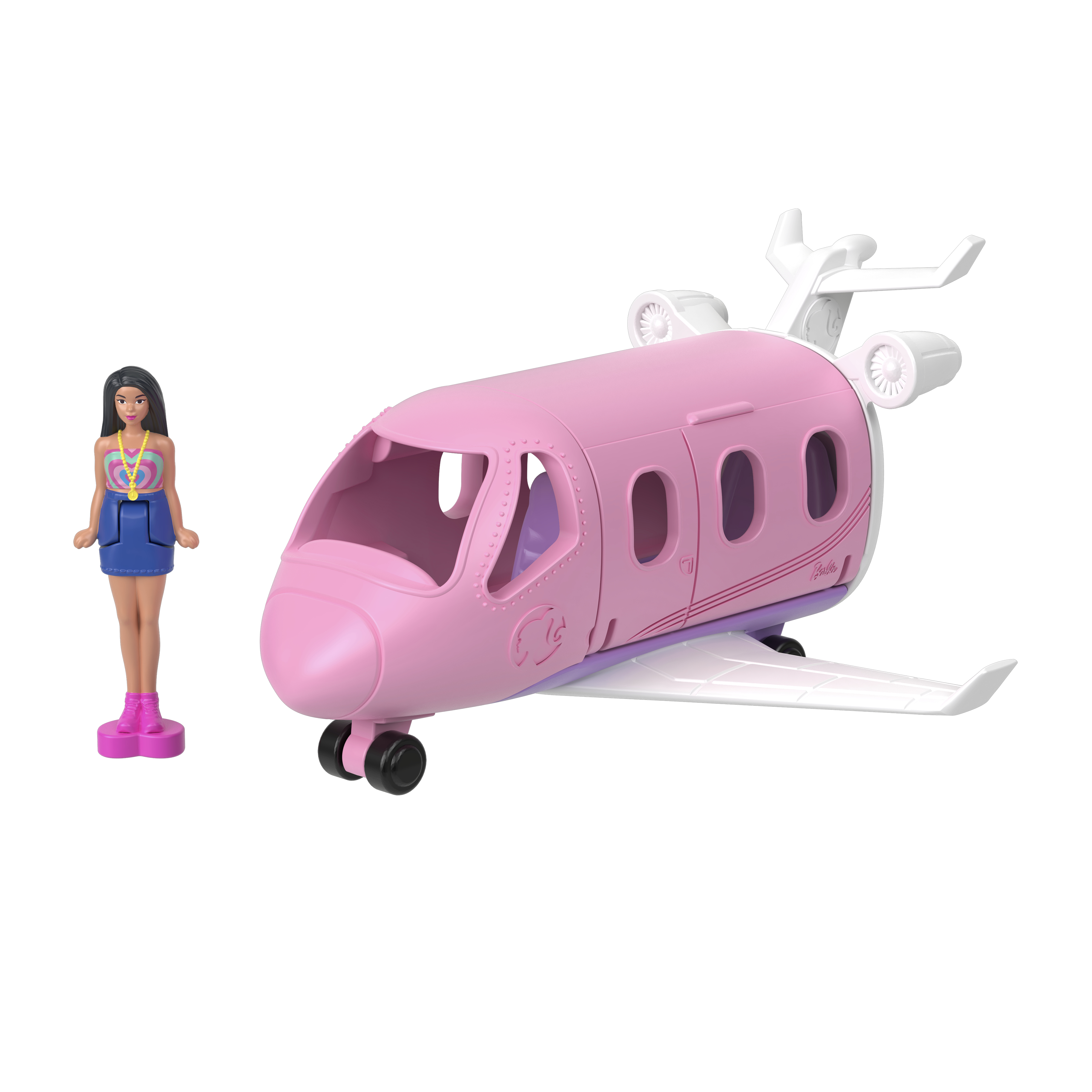 Ein rosa Spielzeugflugzeug mit einer Mädchenfigur. Das Flugzeug hat weiße Flügel und einen lila Streifen. Das Mädchen hat kurzes Haar.