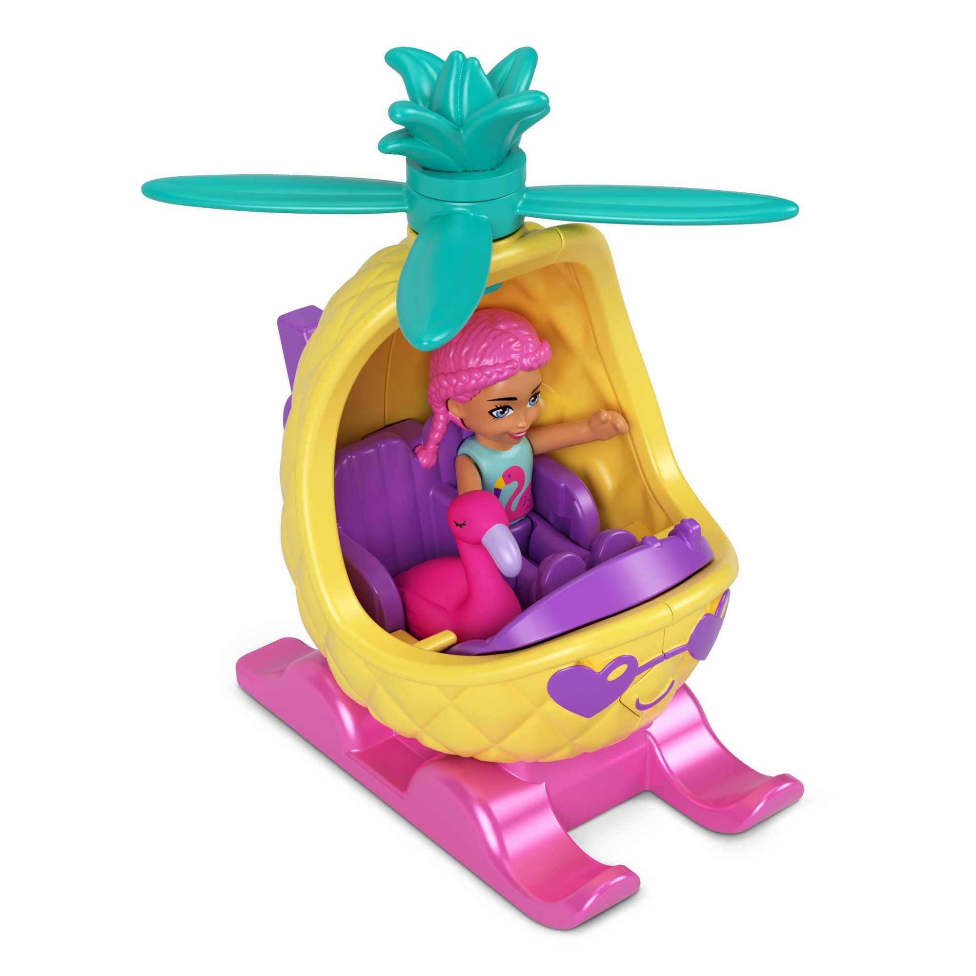 Puppe in einem ananasförmigen Hubschrauber, mit einem rosa Flamingo und einem Mädchen.