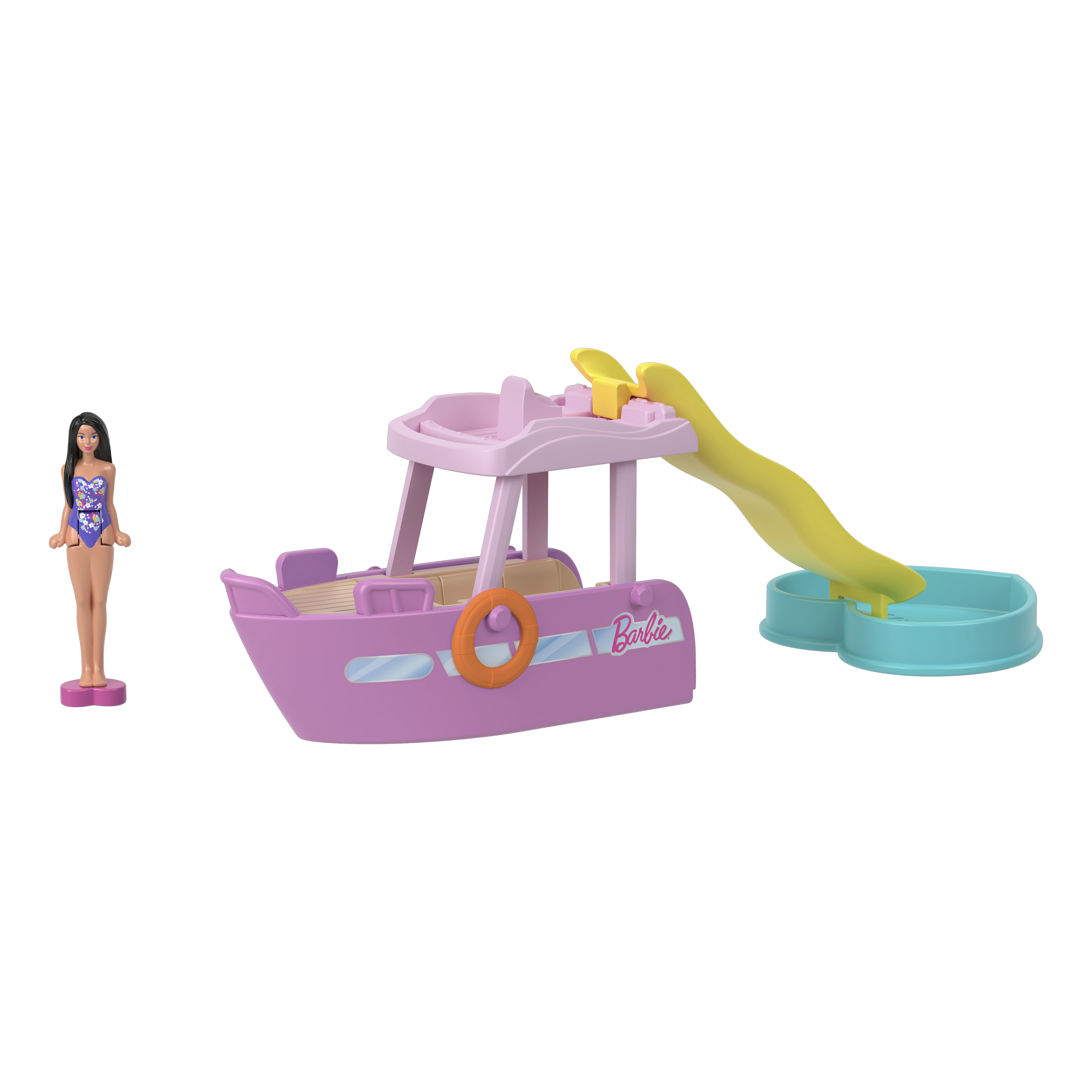 Ein Barbie-Boot mit Rutsche, einer Puppe und einem Pool. Weißer Hintergrund.