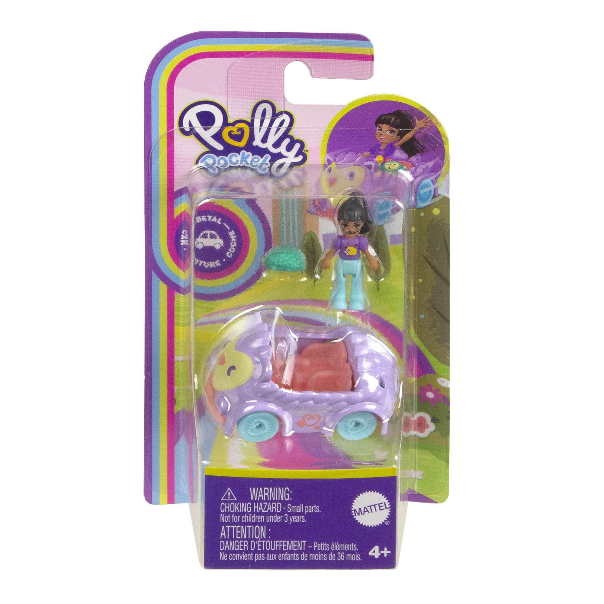 Ein Polly Pocket Spielzeugset mit einer kleinen Puppe und einem lila Auto, präsentiert in einer bunten Verpackung.