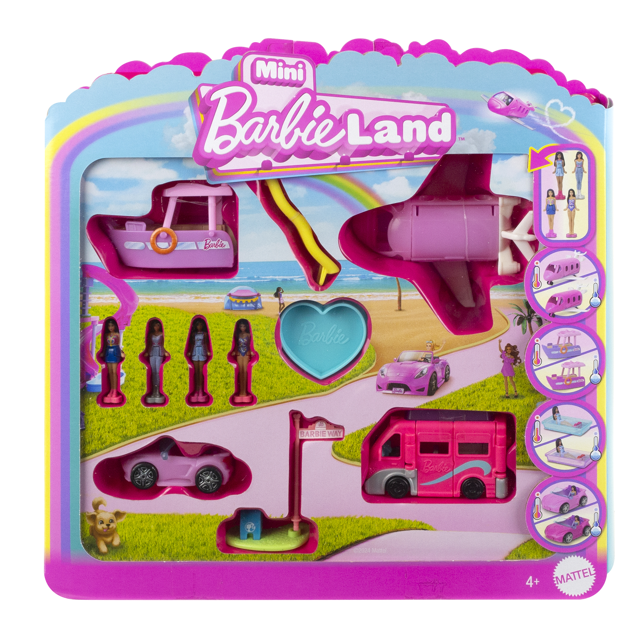 Ein Barbie Mini-Barbie Land Set, mit Figuren, einem Auto, Boot, Flugzeug und Zubehör, in einer rosa Box.
