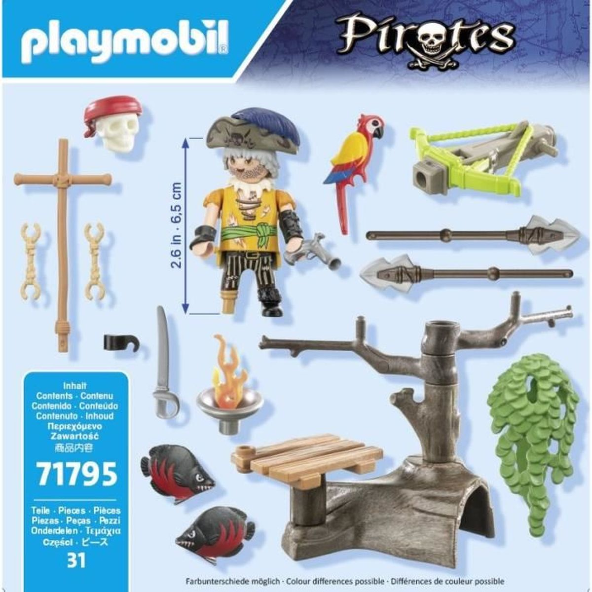Zestaw piracki Playmobil z figurką pirata, akcesoriami i tłem na białym tle.