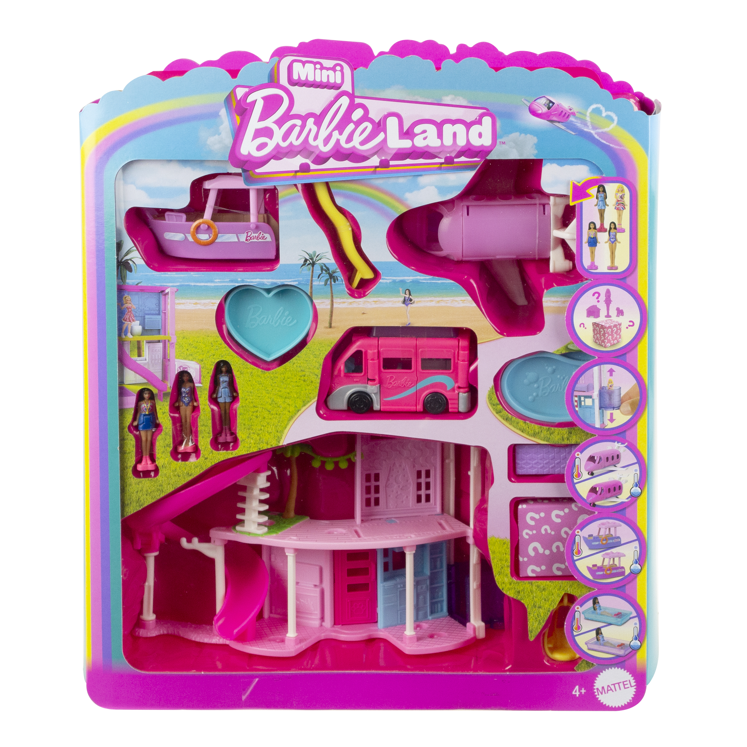 Mini-Barbie-Land-Spielset mit Puppen, Boot, Flugzeug, Rutsche und Haus, alles rosa.