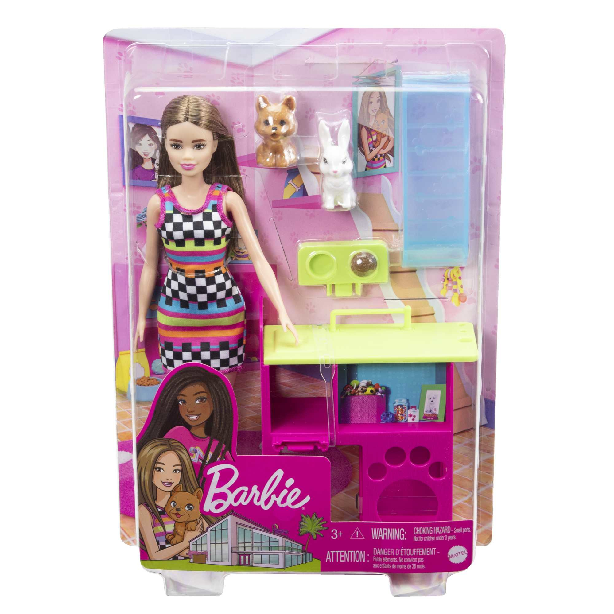 Zestaw lalek Barbie. Zawiera lalkę Barbie, zabawkę dla psa i kota oraz stację pielęgnacji zwierząt.