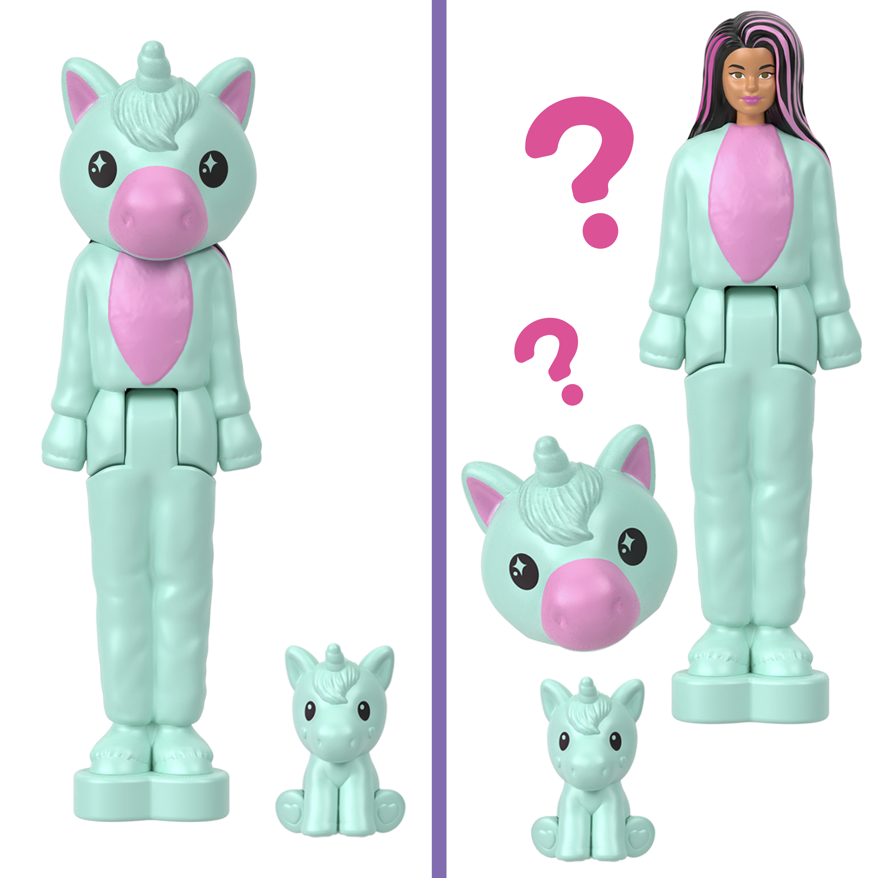 Zwei Spielfiguren mit Einhornkopf und -körper. Über einer sind Fragezeichen abgebildet.