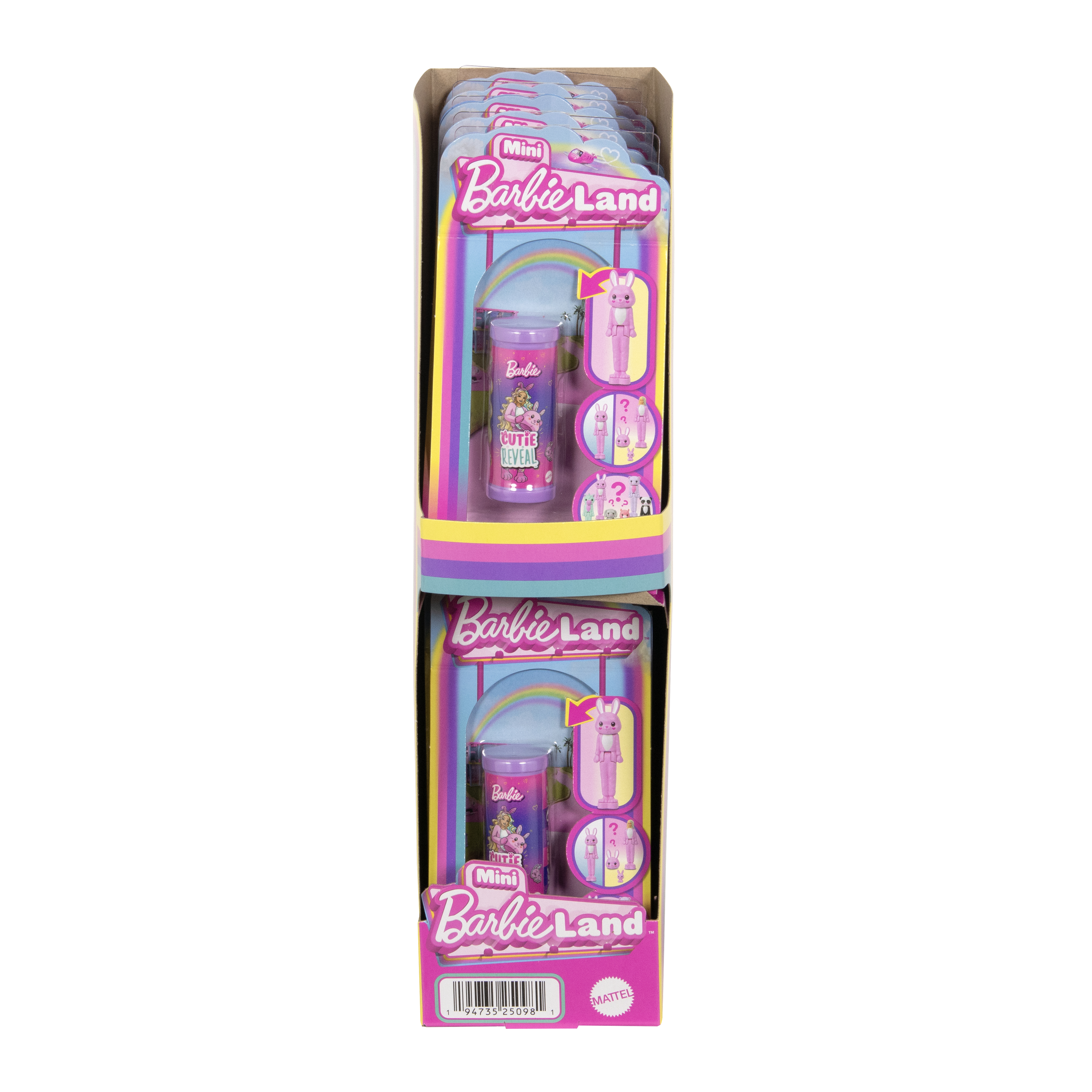 Zwei Mini-Barbie-Land-Boxen gestapelt. Jede Box enthält ein rosa Hasenspielzeug.