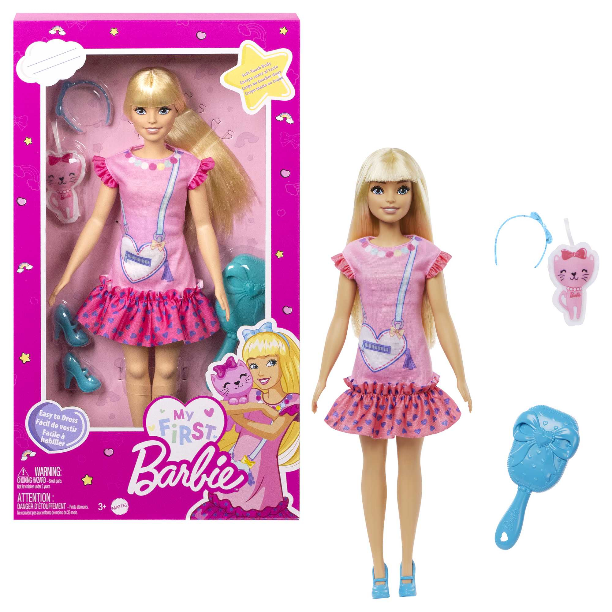 Blonde Barbie-Puppe in rosa Kleid mit Zubehör, einschließlich Schuhen, Tasche und Bürste.