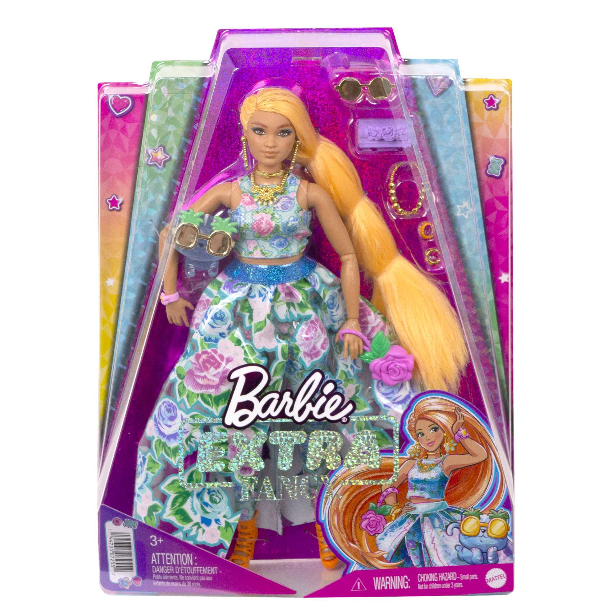 Lalka Barbie Extra Fancy ze spódnicą i topem w kwiaty, z akcesoriami i okularami przeciwsłonecznymi.