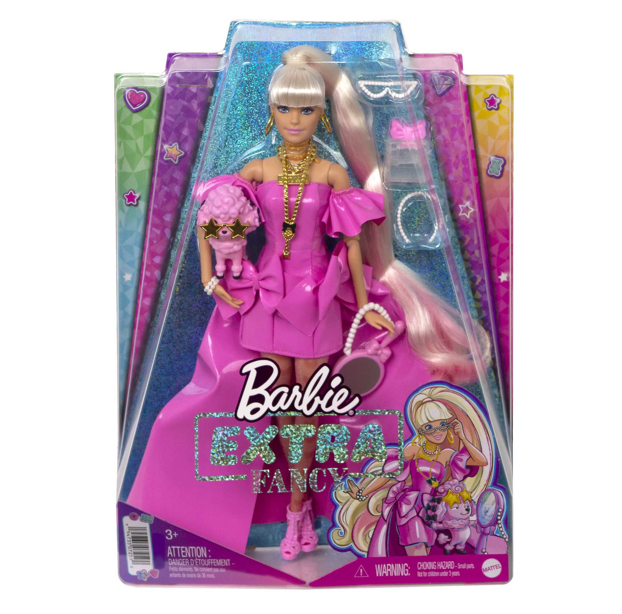 Lalka Barbie Extra Fancy w różowej sukni, z akcesoriami i psem.