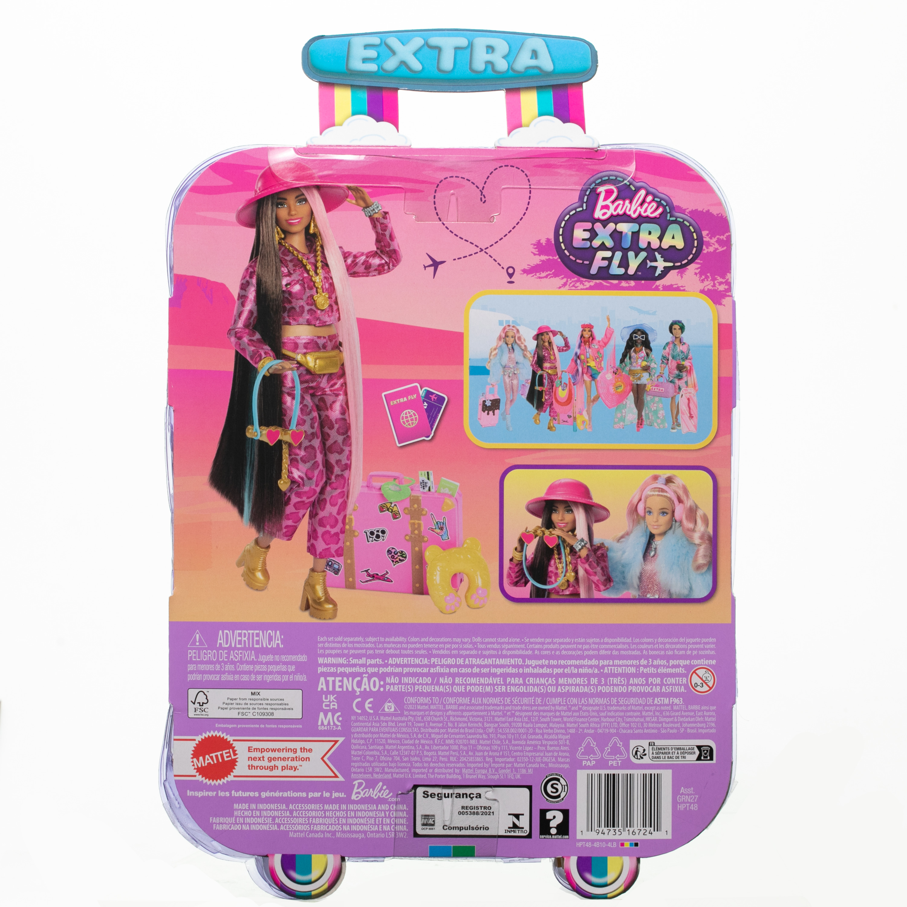 Barbie Extra Fly+ Koffer mit einer Barbie-Puppe und Reiseaccessoires, Rückansicht.