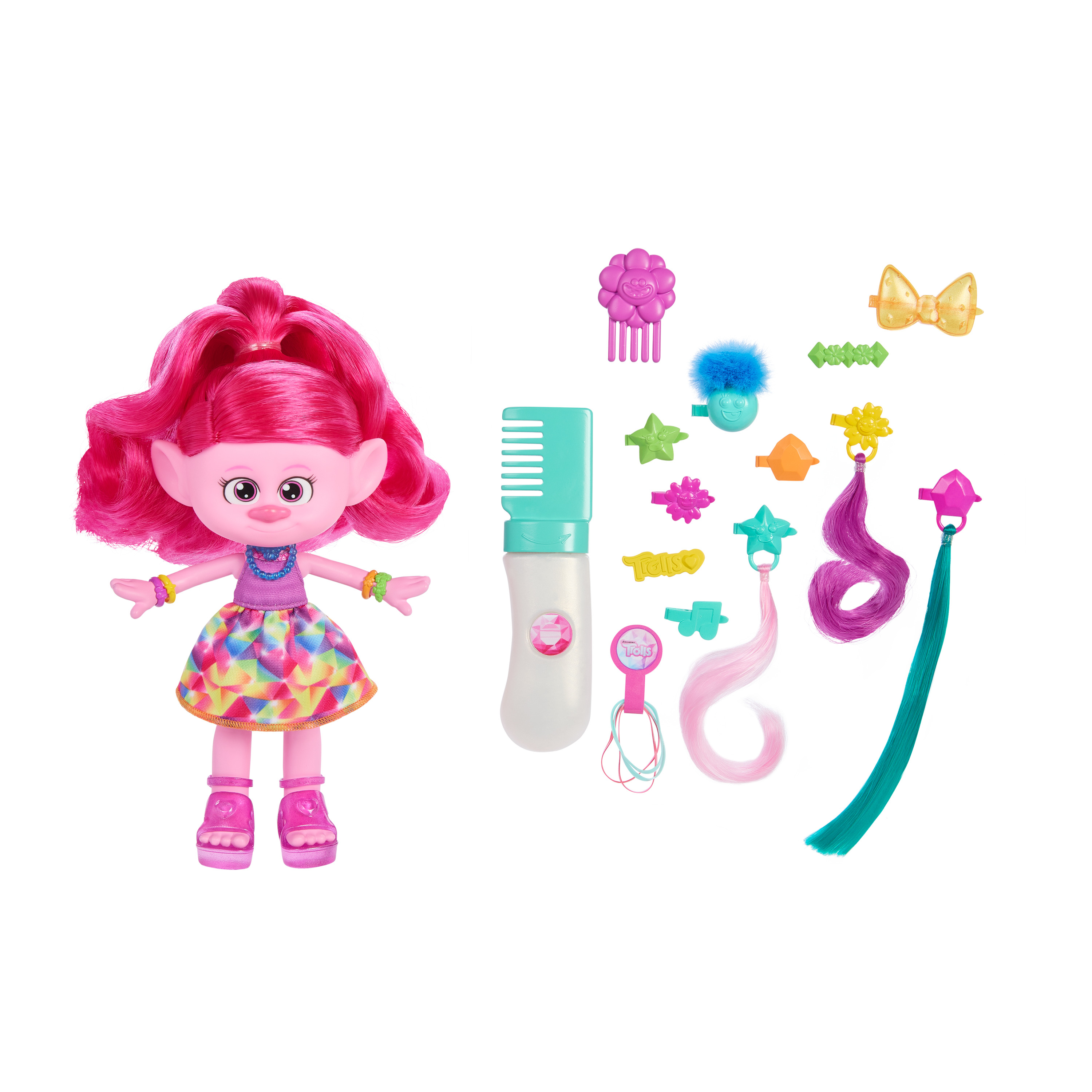 Rosa-haarige Troll-Puppe mit Zubehör, darunter ein Kamm und Haarspangen.