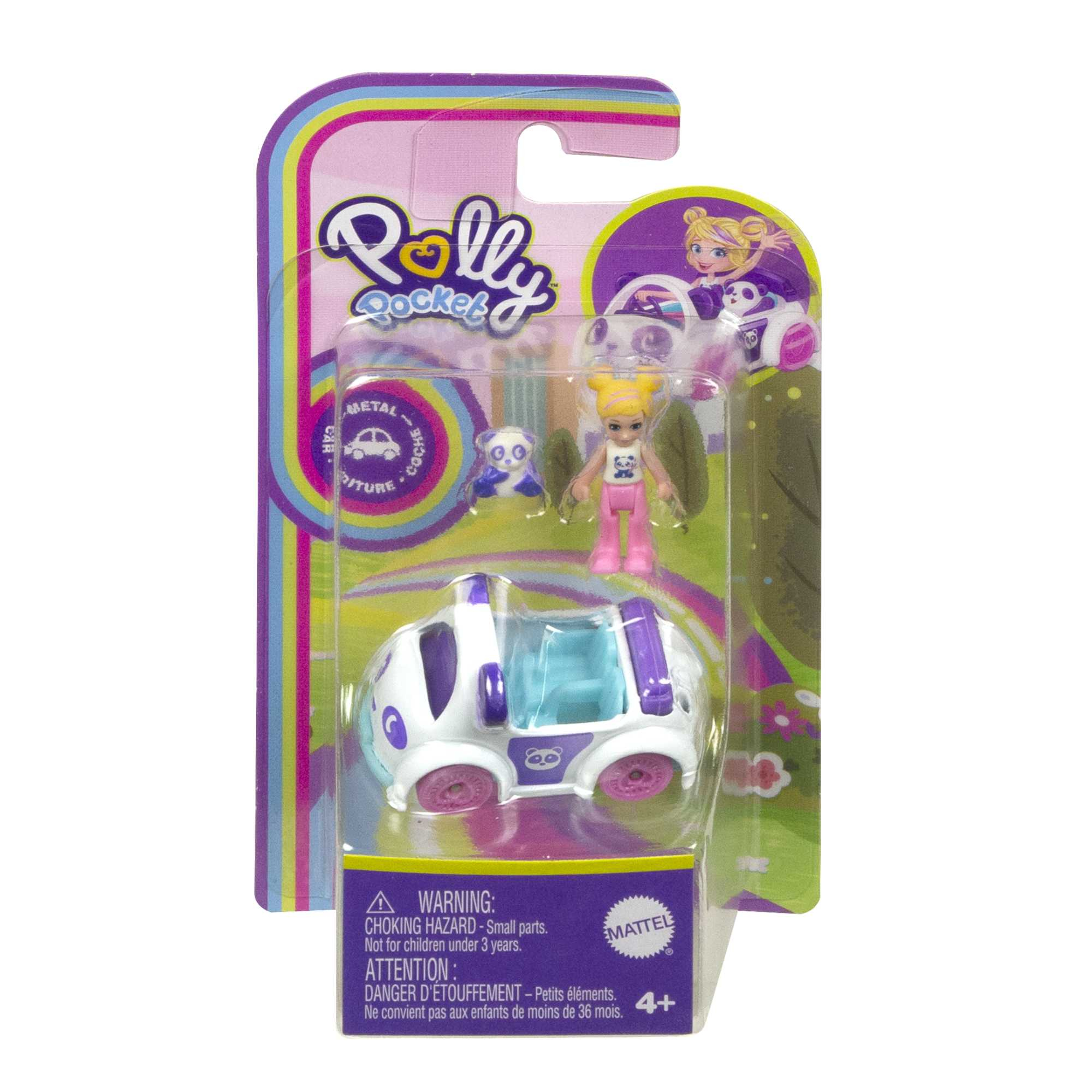 Polly Pocket Spielzeugset. Panda-Auto, Mädchenfigur und kleines Panda-Spielzeug. In Verpackung.