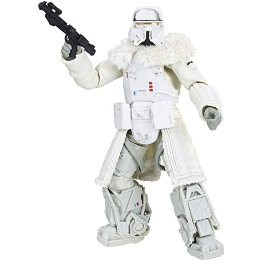 Una figura de acción de Star Wars con armadura blanca, una pistola negra, de pie en pose de lucha.